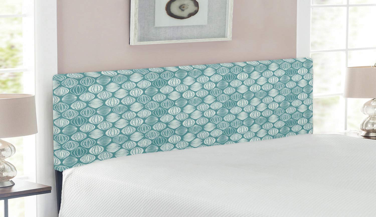 Ambesonne Geometric Upholstered Headboard - Queen Size Textured Metal Bed Headboard with Memory Foam, Coconut Turquoise Oval Doodle Leaf Design | Modern Bedroom Decor for Master & Guest Rooms