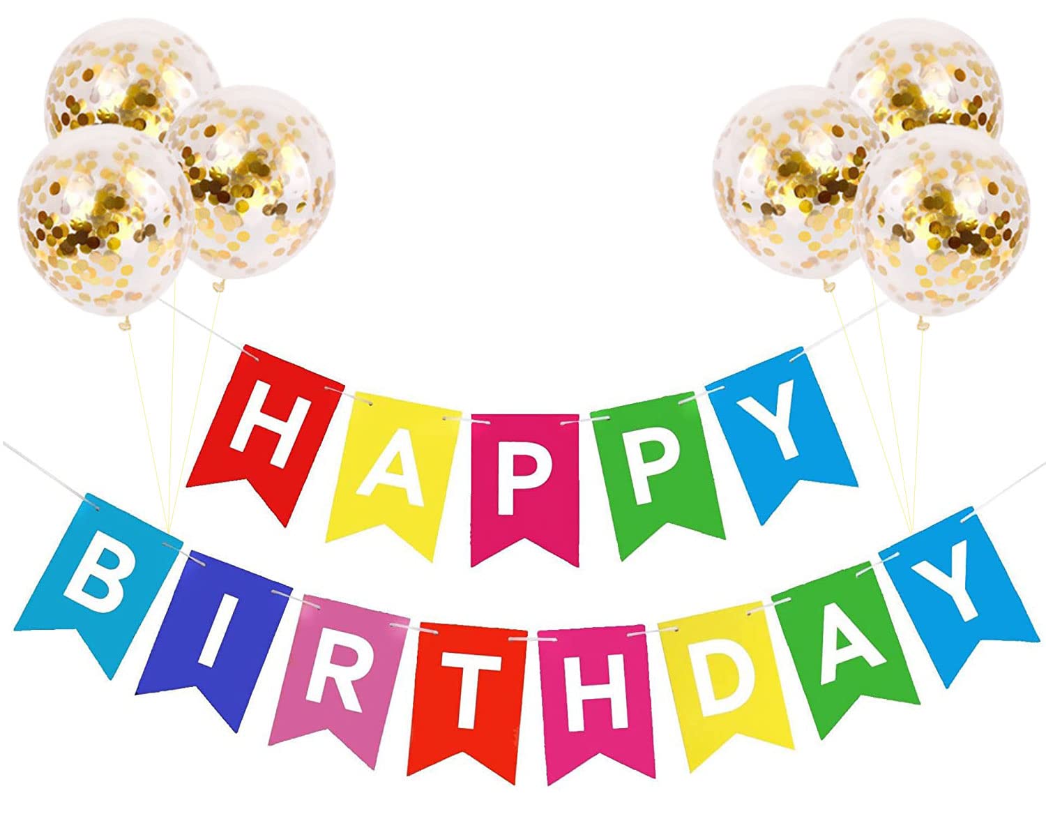 Vibrant Happy Birthday Banner & 6pcs Gold Glitter Confetti Balloons - Premium Birthday Party Decorations for Indoor/Outdoor Celebrations, Baby Showers & Anniversary Parties