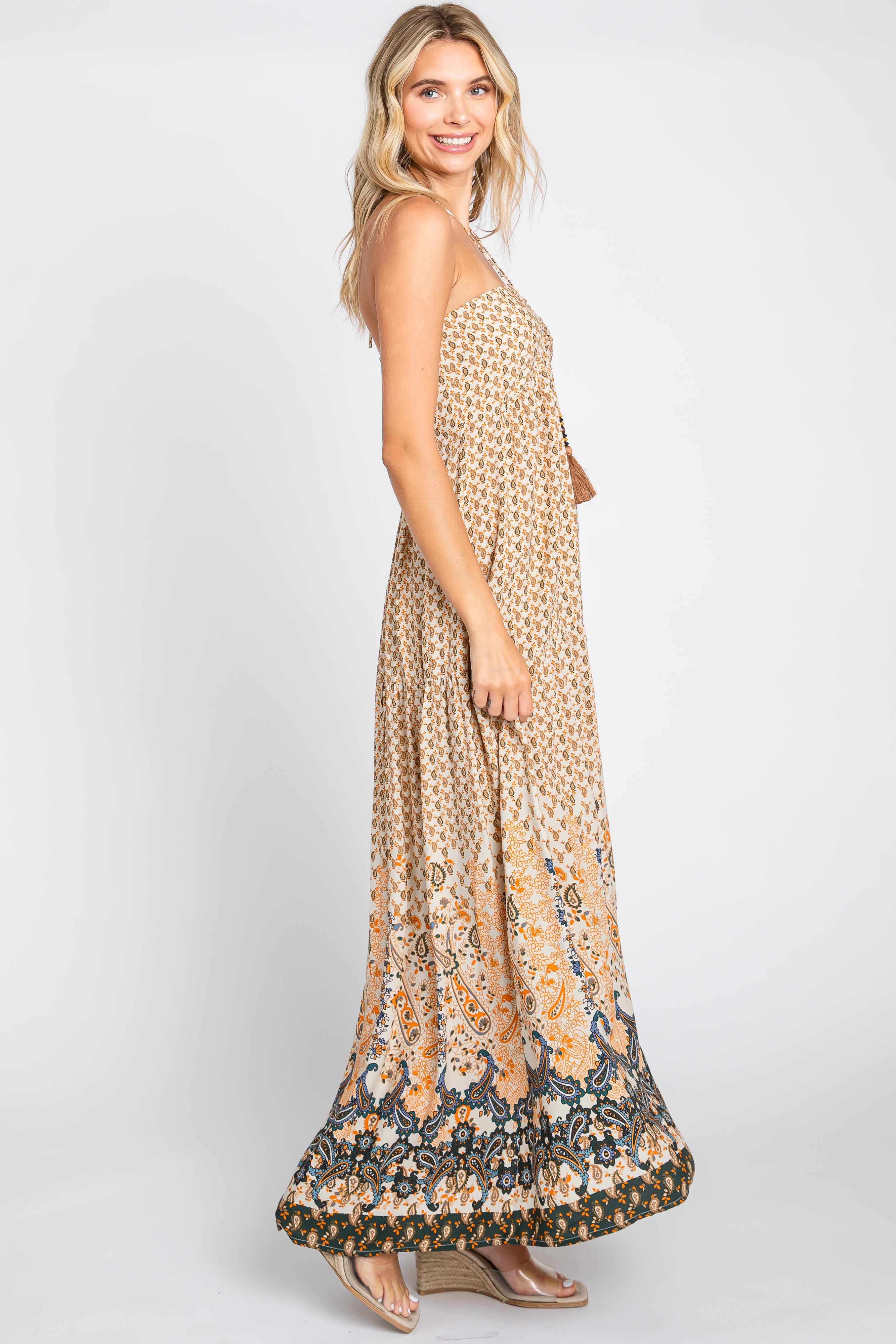 Beige Floral Paisley Halter Maxi Dress for Women - Boho Summer Beach Wedding Party Dress - Elegant Long Flowy Dress for Vacation, Date Night & Special Occasions