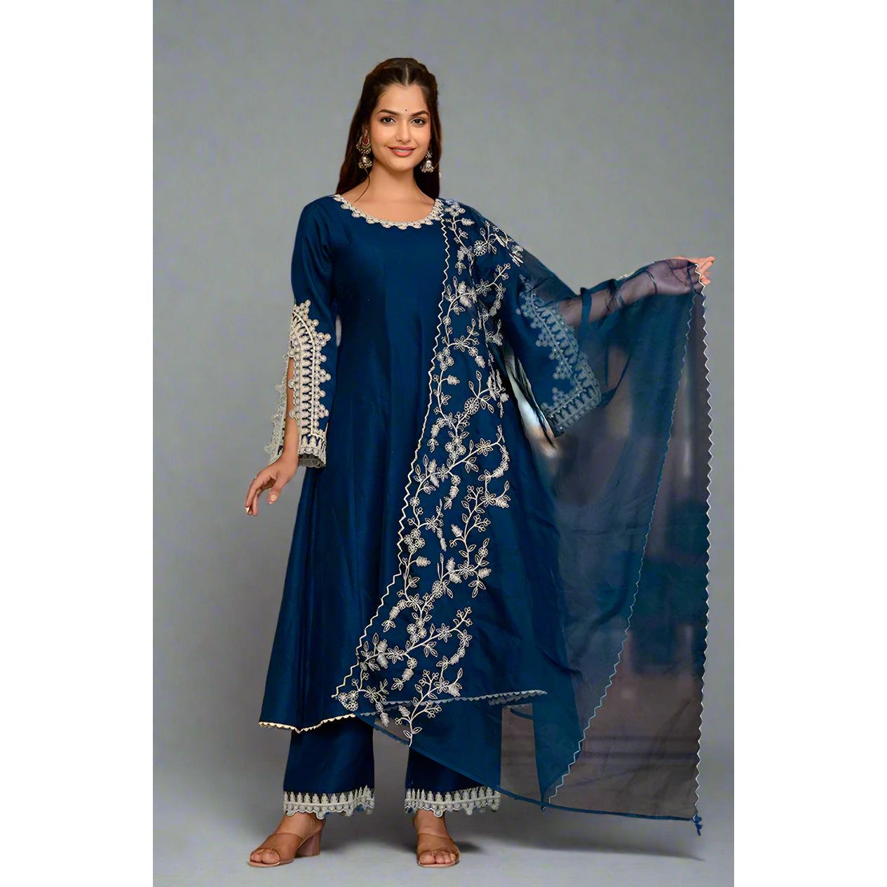 Blue Silk Blend Anarkali Kurta Set for Women | Elegant Indian Ethnic Dress | Perfect for Weddings, Festivals & Special Occasions