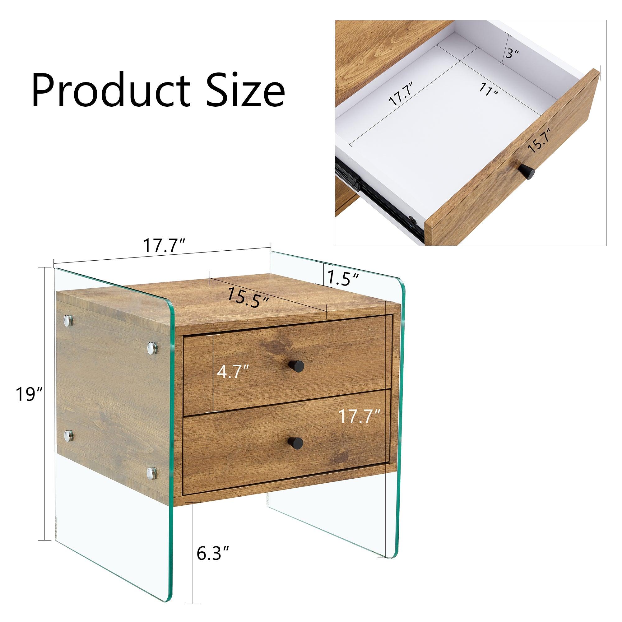 Modern Double Drawer Bedside Table with MDF Sticker Surface & Tempered Glass Sides - Elegant Design & Spacious Storage for Bedroom, Living Room, or Office
