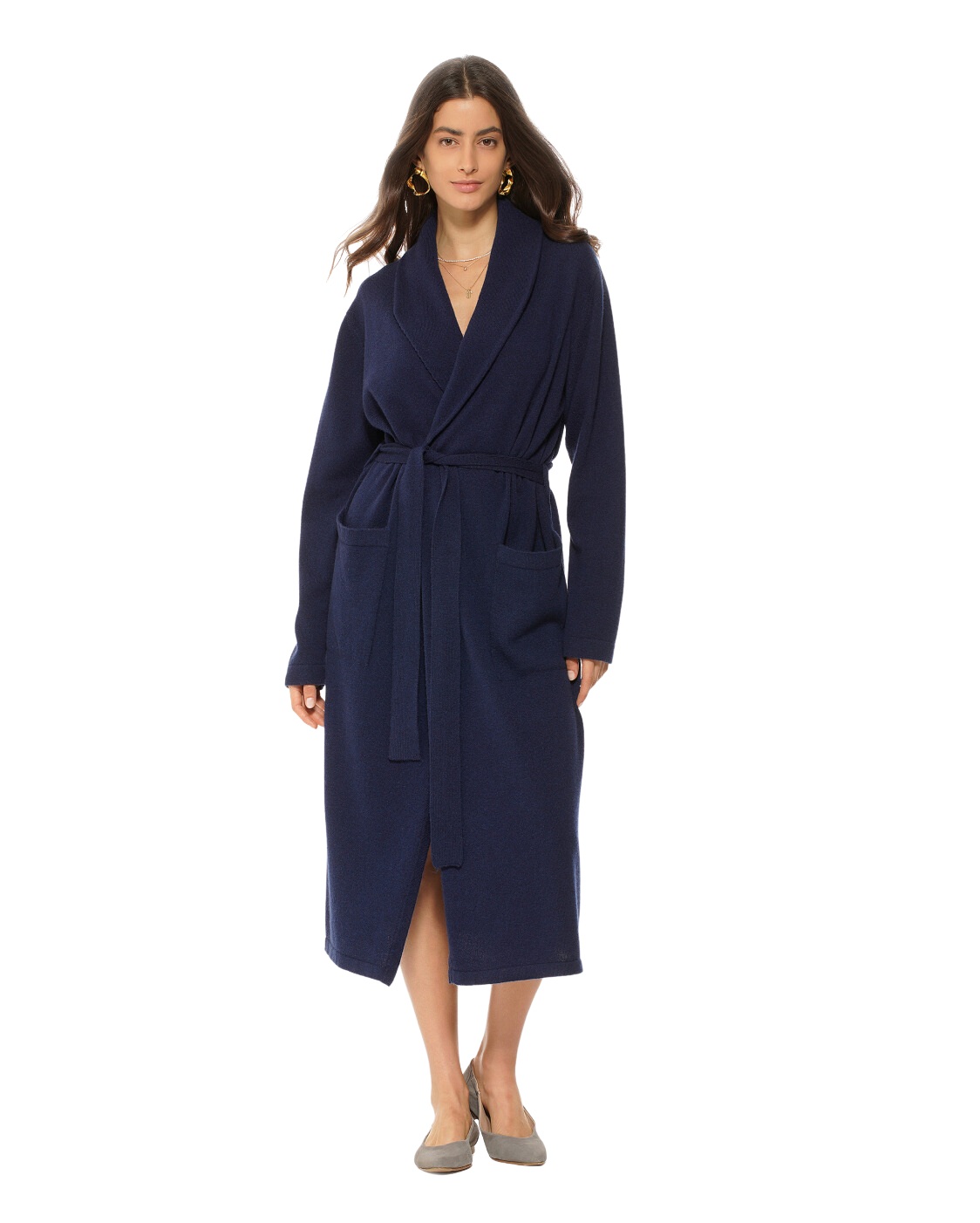 Luxury Women's Pure Cashmere Knit Robe - Soft Blue Melange Winter Loungewear for Spa, Home & Relaxation