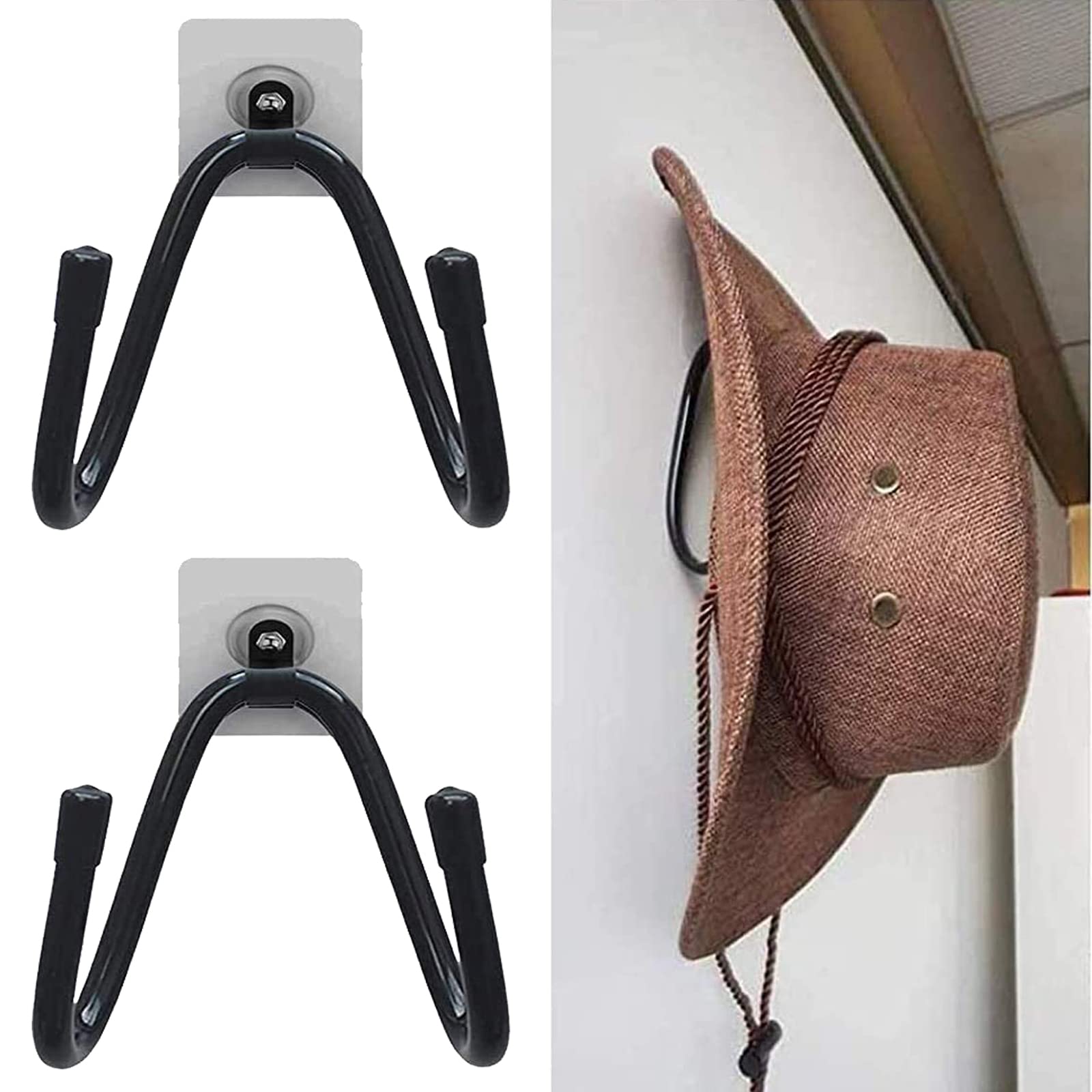 Universal Cowboy Hat Rack - 2 Pack Metal Wall Mount Hat Holder with Adhesive Hooks for Hat Storage & Display | Perfect for Western Decor, Entryway Organization & Closet Space Saving
