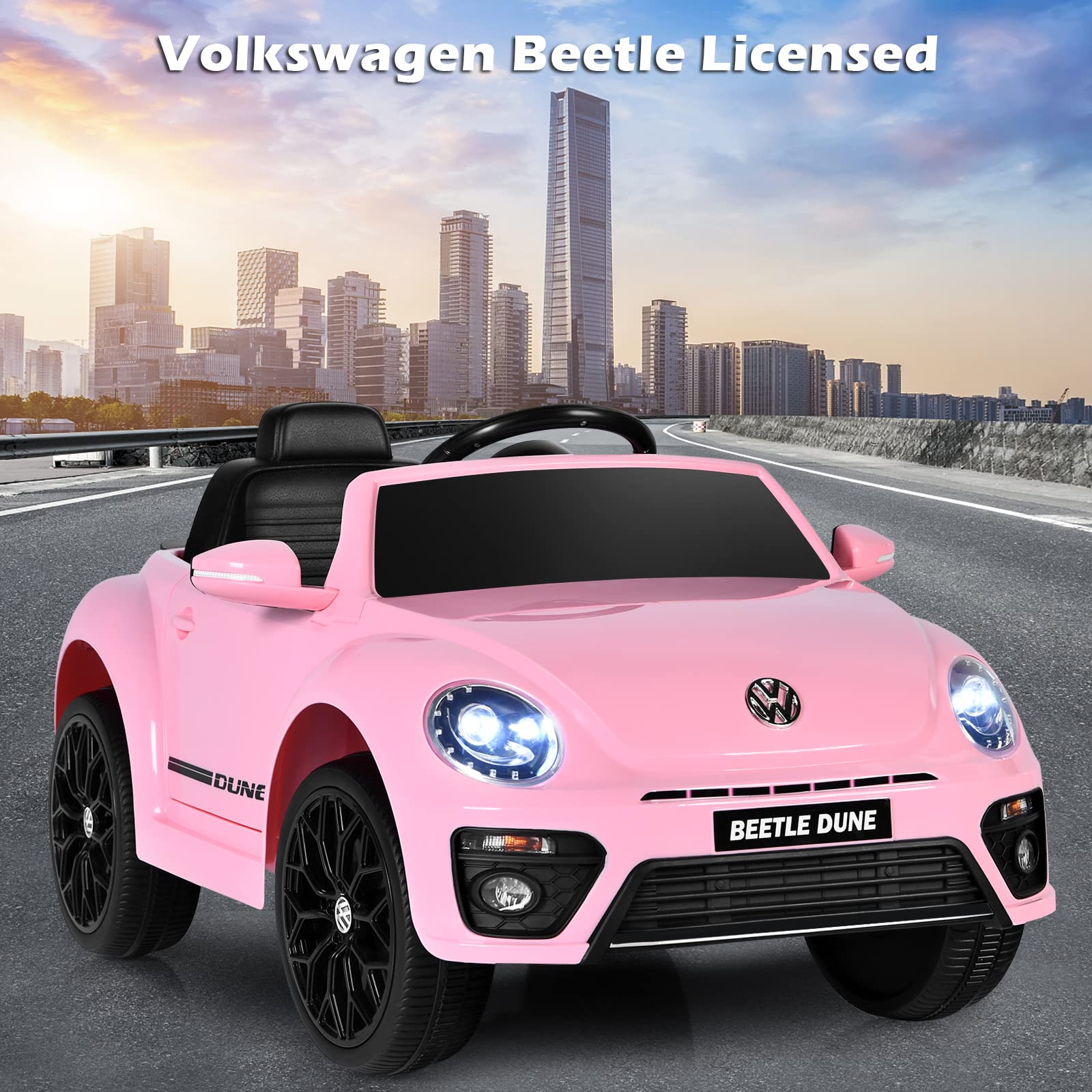 Costzon 12V Licensed Volkswagen Beetle Ride-On Car for Kids - Electric Battery-Powered Vehicle with Remote Control, Spring Suspension, LED Lights, USB Port, Horn & Music - 4-Wheeler Toy Car Gift for Boys & Girls (Pink) - Perfect for Birthday Presents, Outdoor Play & Indoor Fun