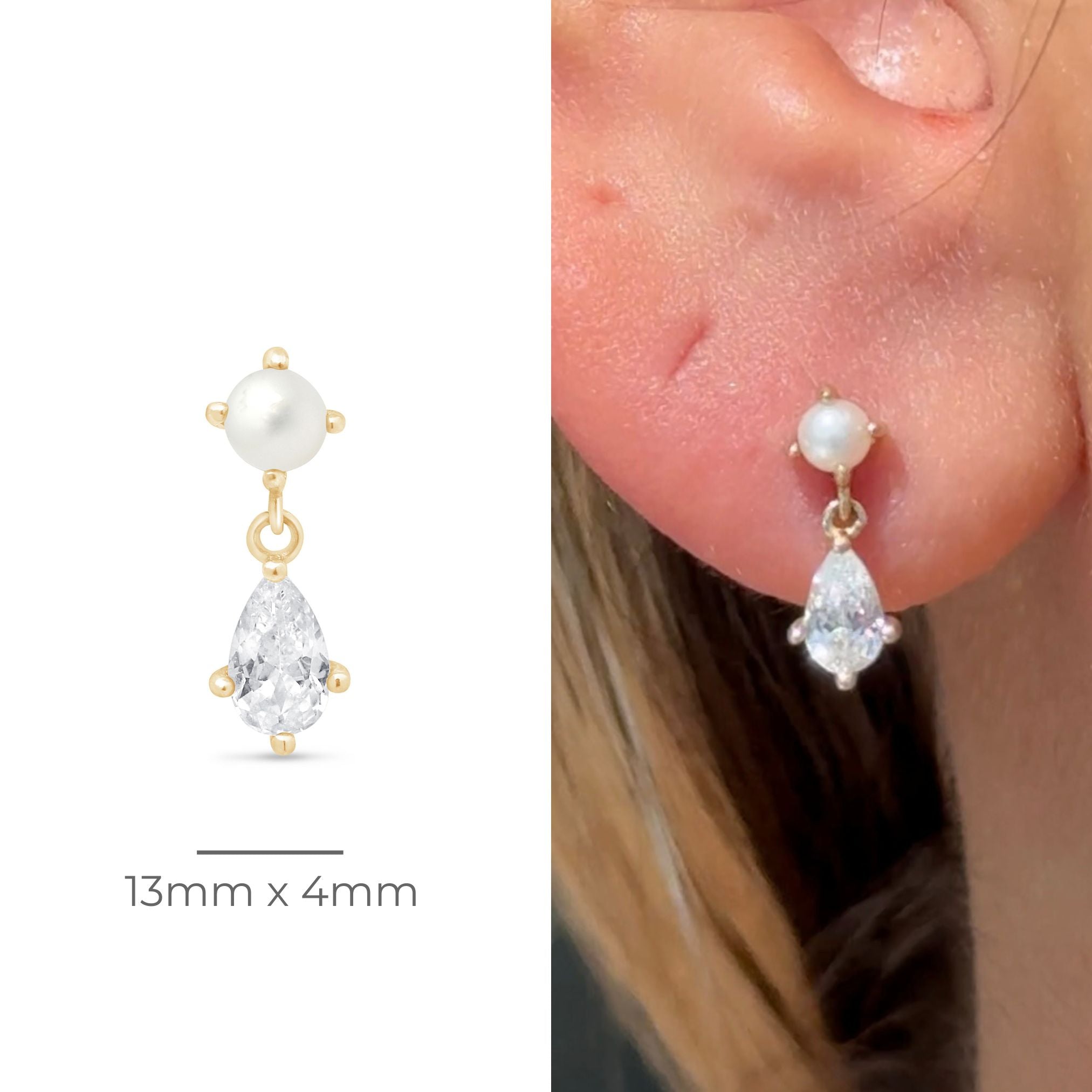 14K Yellow Gold Pearl & Marquise Drop Flat Back Stud Earrings - Elegant Dangle Earrings for Women, Perfect for Weddings, Parties & Everyday Wear