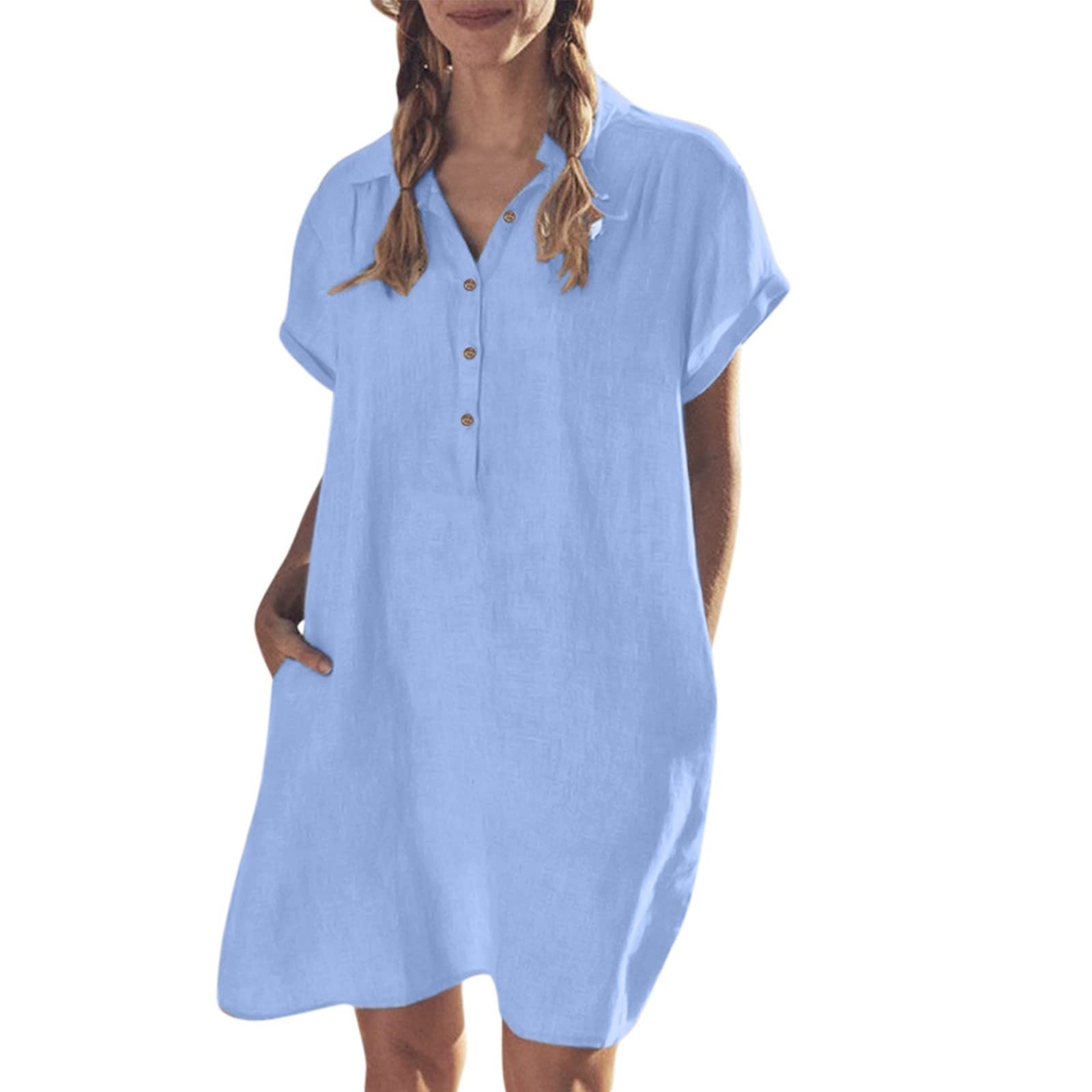 Women's V-Neck Cotton Linen Shirt Dress with Pockets - Casual Beach Cover Up, Summer Boho Maxi Dress for Vacation, Outing & Relaxing
