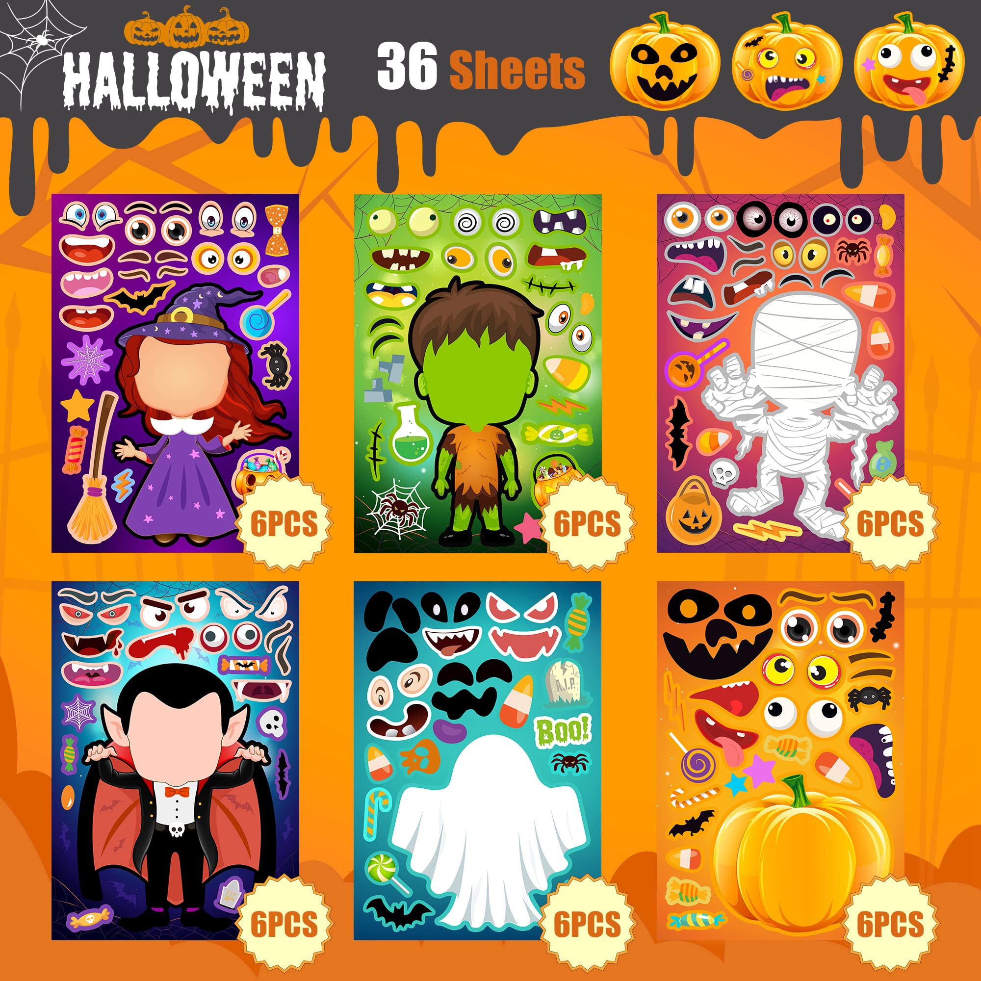 36 Sheets DIY Halloween Stickers for Kids - Halloween Party Games, Trick or Treat Party Favors & Supplies - Perfect for Classroom Activities, Pumpkin Decorating & Spooky Crafts