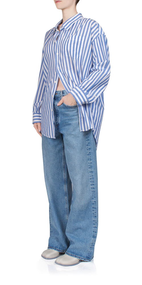 Stylish Button Front Shirt with Wide Blue Stripes - Casual & Office Wear for Men & Women