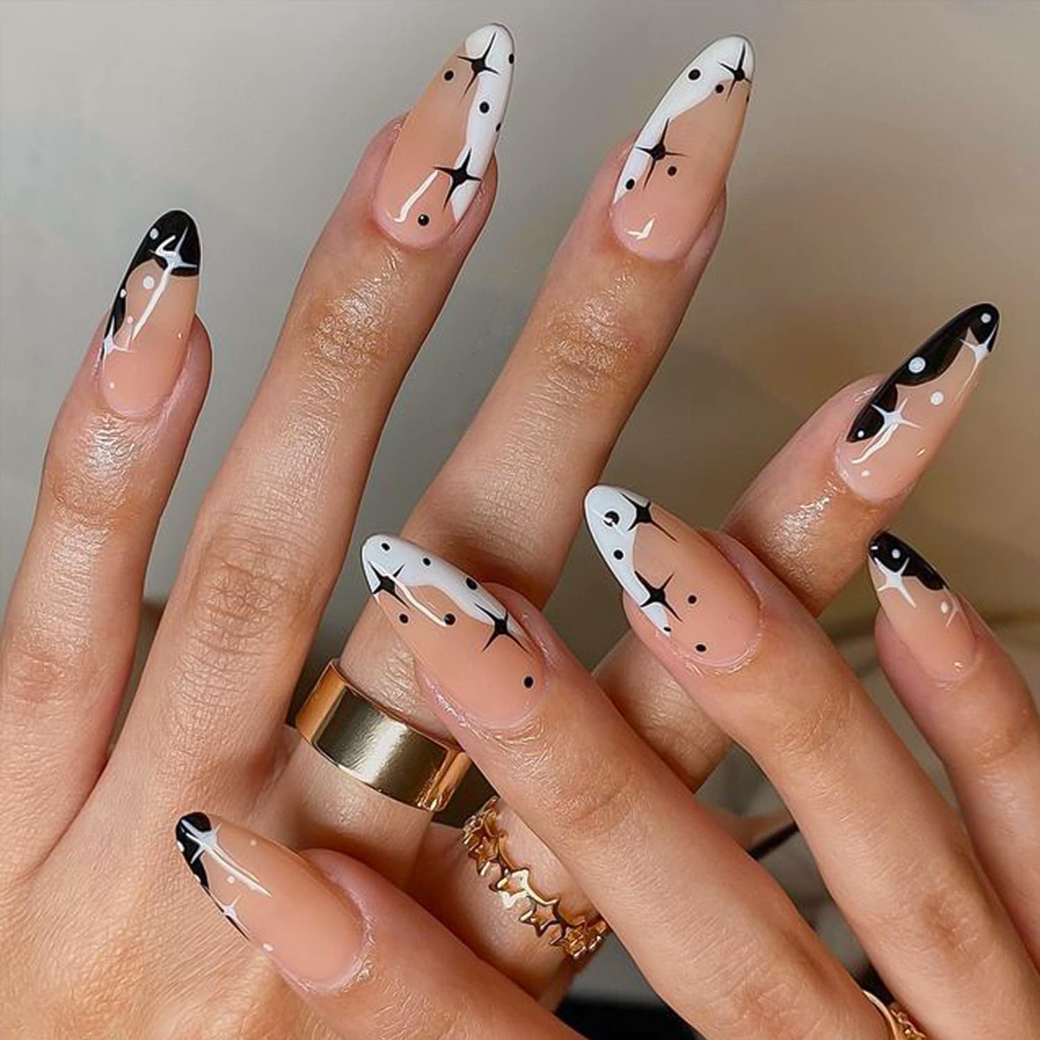 Glamermaid Black Press on Nails - Medium Almond Shape, Gothic Eyes & Dark Moon Design, Emo Crush Fake Nails for Women | Reusable Acrylic Nail Tips with Glue | Perfect for Halloween, Gothic Parties, and Dark Aesthetic Nail Art