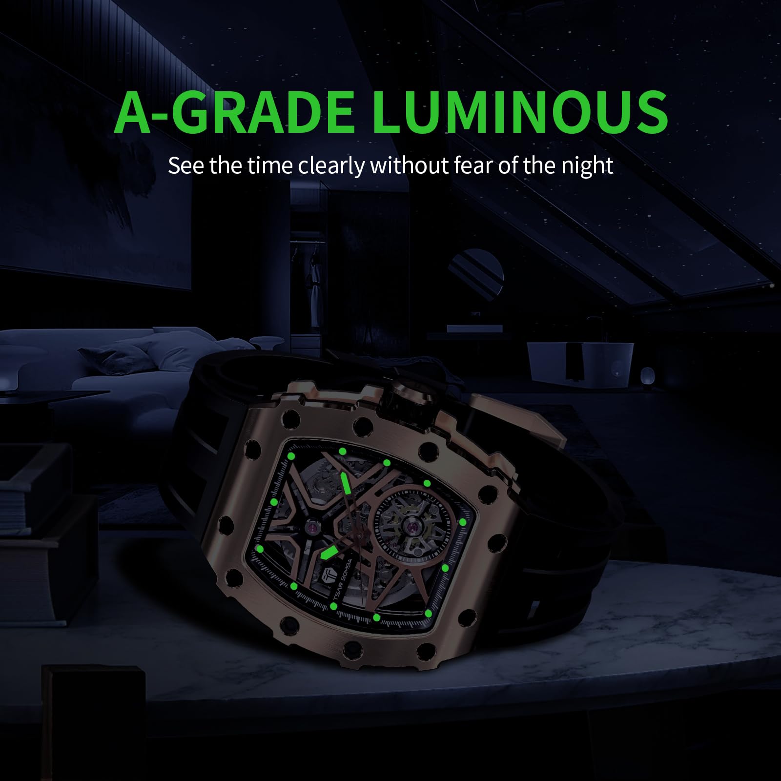 TSAR BOMBA Men's Luxury Automatic Skeleton Watch - Silver Square Big Face with Silicone Strap - 50M Waterproof Analog Watch for Business, Work & Formal Occasions - Unique Cool Gift for Men