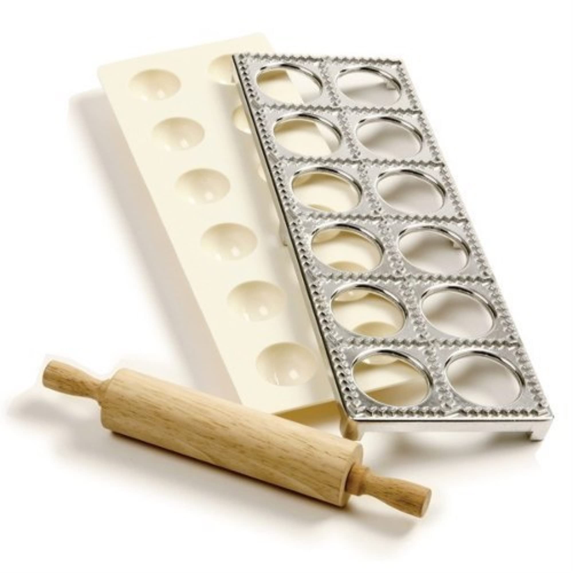 Norpro 3-Piece Stainless Steel Ravioli Maker and Pasta Press Set with Rolling Pin - Perfect for Homemade Italian Pasta, Dumplings, and Pierogi Making