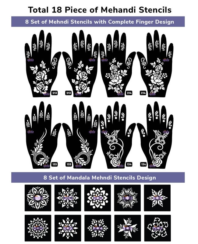 APCUTE 18-Piece Henna Stencil Sticker Set - Easy DIY Mehndi Tattoo Designs for Women, Girls & Kids - Quick & Safe Temporary Body Art - Perfect for Weddings, Parties & Festivals (18PC-213-214-133-134)