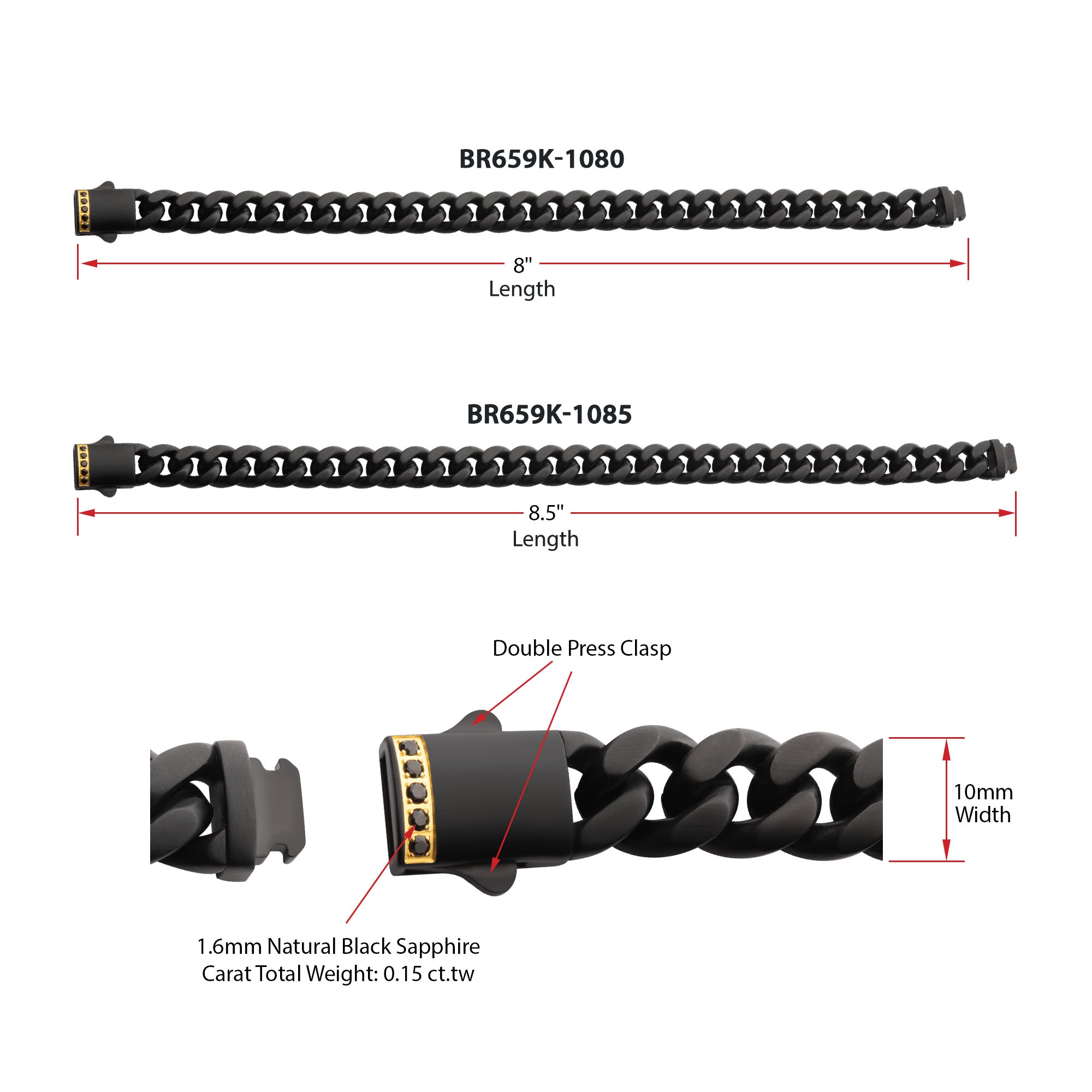 10mm Black IP Steel Matte Finish Miami Cuban Chain Bracelet with 1.6mm Genuine Black Sapphire Gem - Stylish Men's Jewelry for Casual Wear, Parties & Gifts
