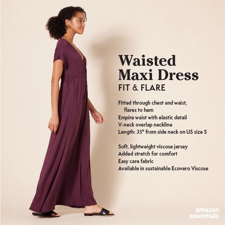 Amazon Essentials Women's Waisted Maxi Dress - Flowy Summer Dress with Pockets, Plus Size Options - Perfect for Beach Vacations, Weddings & Casual Outings