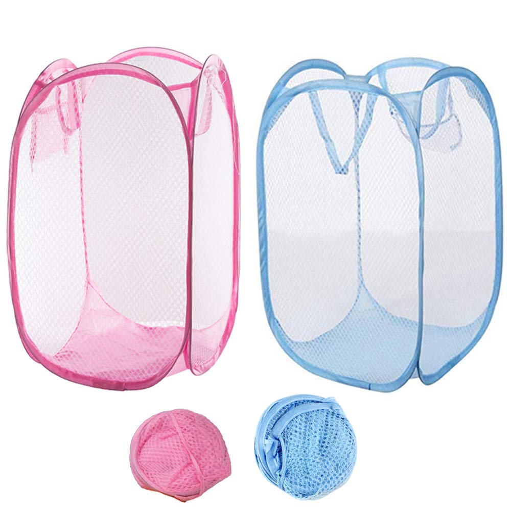 Foldable Mesh Laundry Hamper, 2-Pack Portable Clothes Basket for Bedroom, Kids Room, College Dorm & Travel - Blue & Pink | Space-Saving Storage Solution for Home & On-The-Go