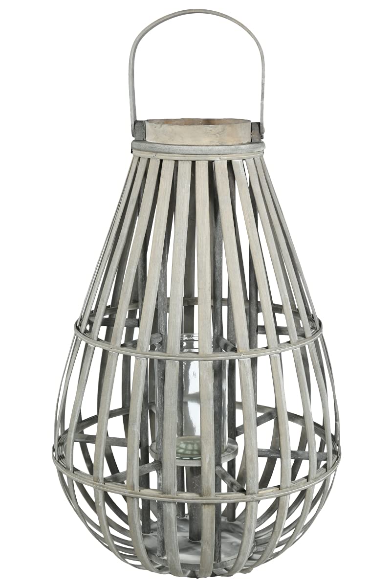 Bamboo Round Bellied Lantern with Glass Candle Holder - Vertical Lattice Design, Weathered Gray Finish - Large Home Decor for Patio, Garden & Outdoor Parties