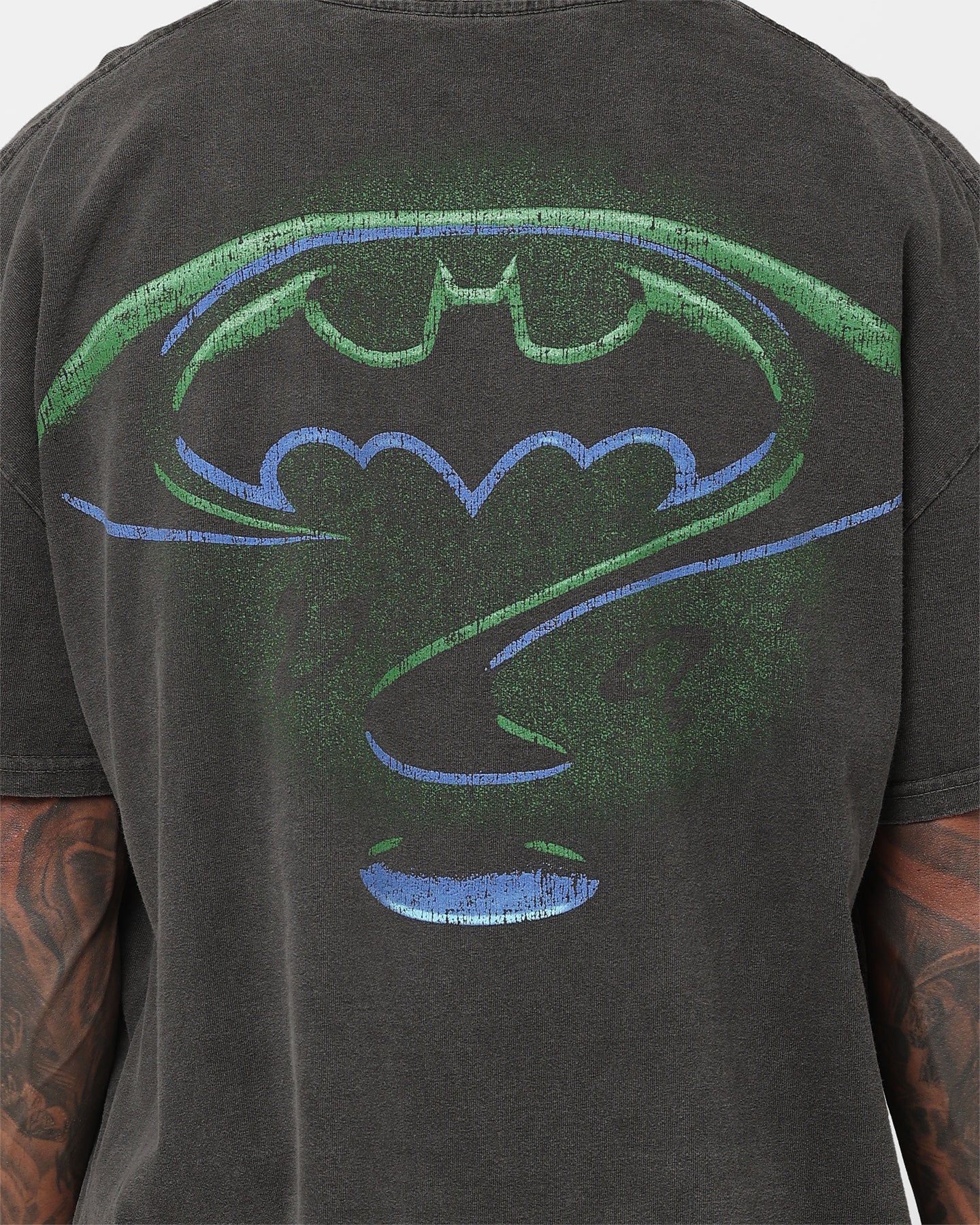 Vintage 1995 Batman Forever Heavyweight T-Shirt - DC Comics Graphic Tee - Black Wash Distressed Style - Perfect for Cosplay, Comic Con & Retro Fashion