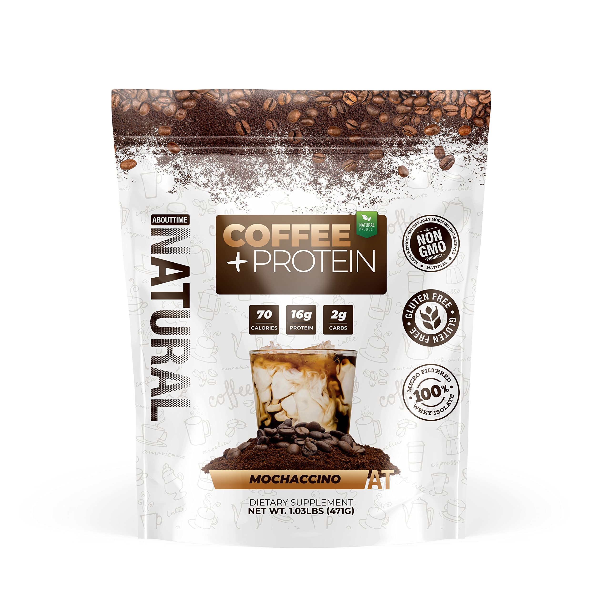 About Time Coffee + Whey Protein Powder | Non-GMO, All Natural, Lactose & Gluten Free | 16g Protein Per Serving | 1.03lb Jar, Coffee Mochaccino Flavor | Perfect for Post-Workout Recovery & Morning Energy Boost