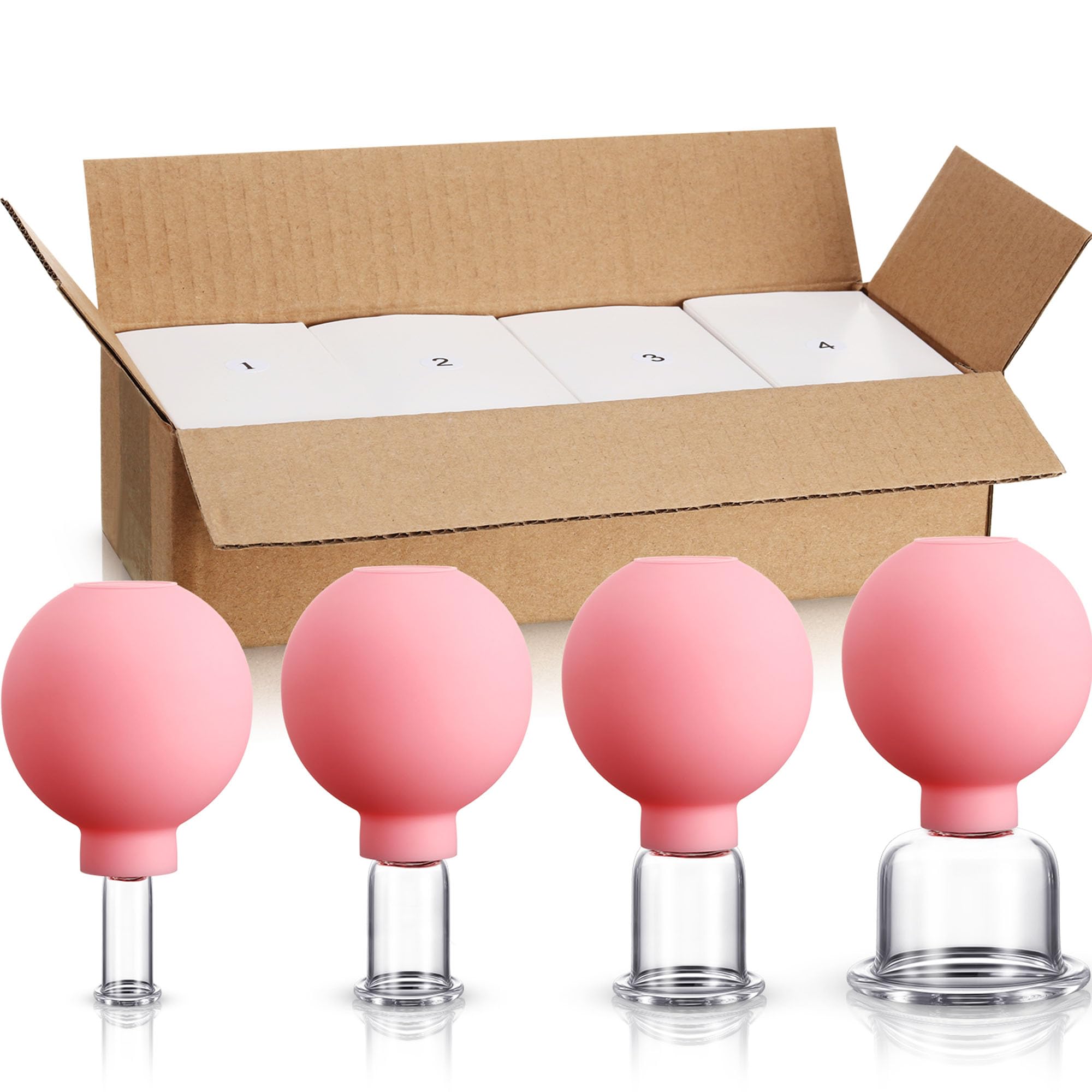 4-Piece Glass Cupping Therapy Set with Silicone Base - Vacuum Massage Cups for Body, Face, Leg, Arm, Back & Shoulder Pain Relief - Muscle Relaxation & Joint Pain Treatment - Ideal for Home Spa, Physical Therapy & Self-Care (Pink)