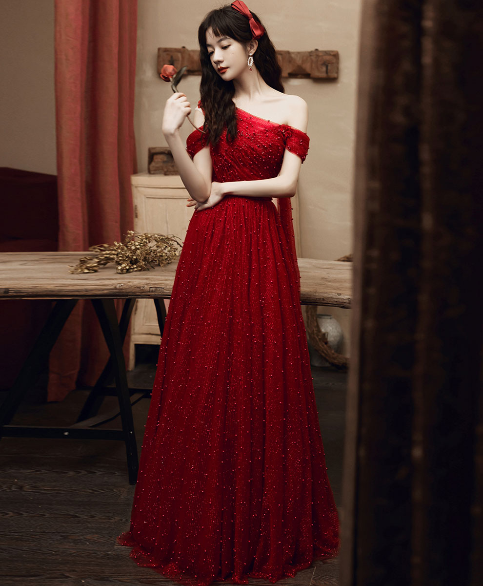 Elegant Burgundy One Shoulder Long Prom Dress for Women - Formal Evening Gown for Graduation, Homecoming & Special Occasions