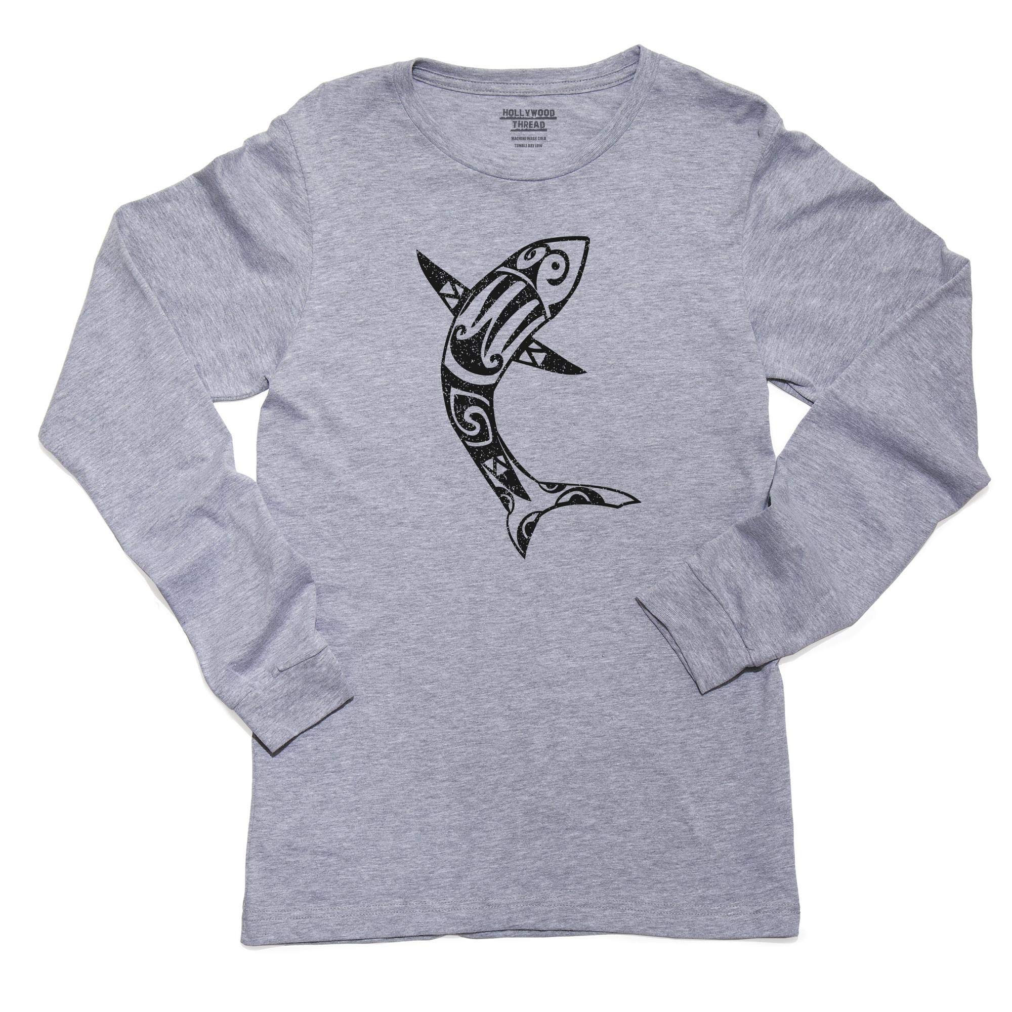Hawaiian Tribal Shark Print Black & White Long Sleeve Youth T-Shirt - Island Style Boys' Top for Beach Vacation & Summer Outings