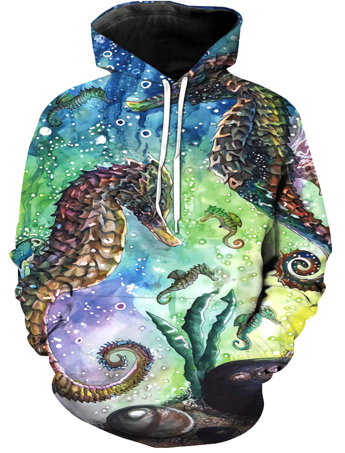 EZON-CH Men's Hoodie Long Sleeve T-Shirt | Colorful Painted Seahorse & Seaweed Print Sweatshirt | Casual Streetwear for Outdoor Activities & Daily Wear