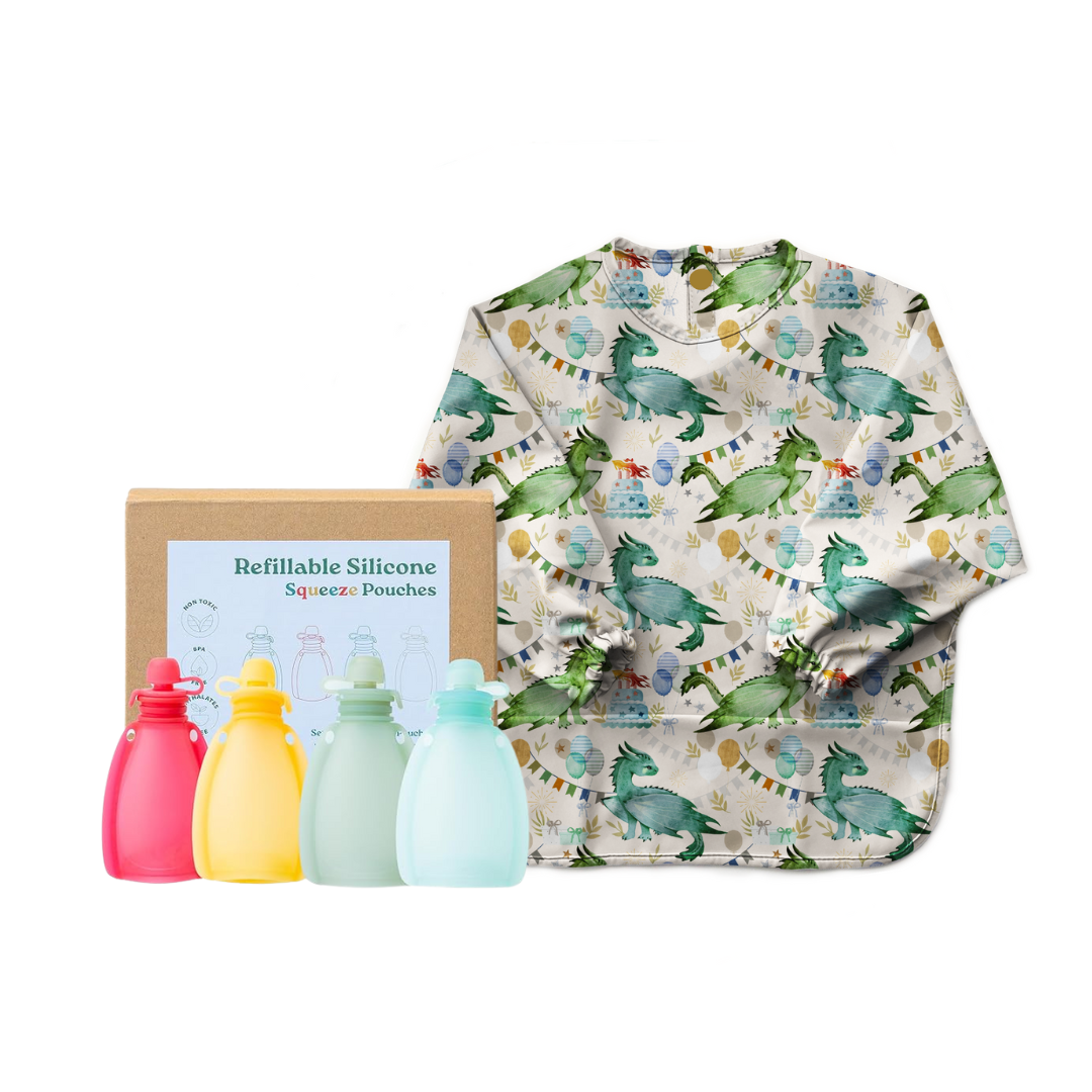 Baby Smock Bib with Reusable Food Pouches Set - Waterproof Feeding Bib & Spill-Proof Snack Bags for Toddlers, Infants & Kids - Perfect for Mealtime, Daycare & On-the-Go Snacking
