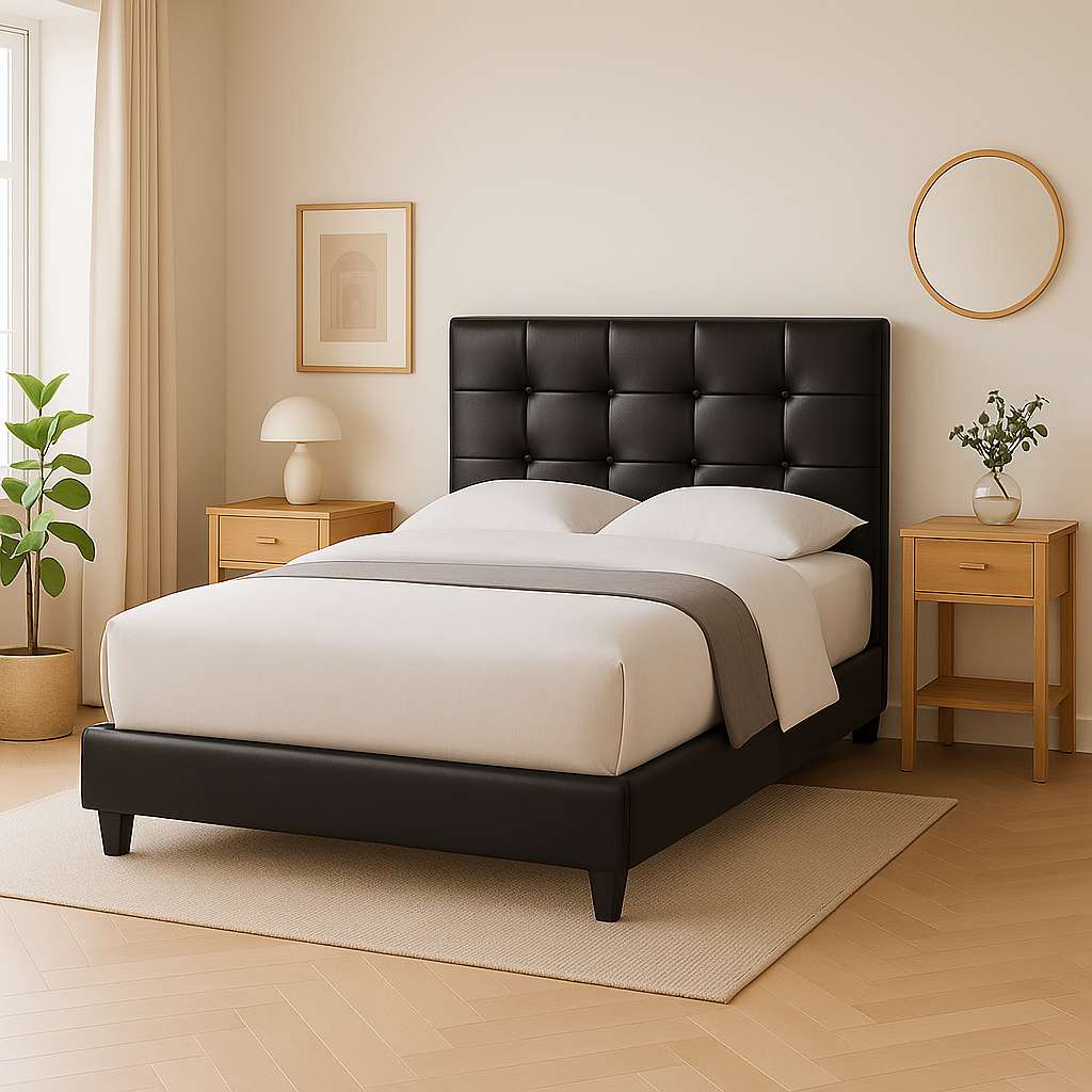 Ellie Queen Size Faux Leather Upholstered Bed Frame with Wooden Slats - Modern Platform Bed for Bedroom, Guest Room & Master Suite