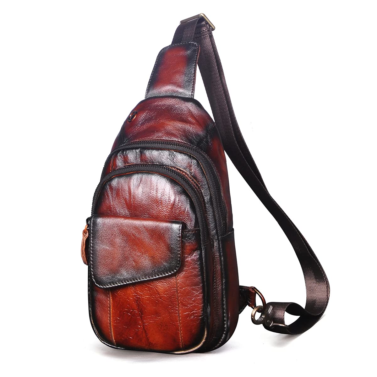 Le'aokuu Men's Leather Crossbody Chest Sling Bag - Small Size Wine (E 8013) - Outdoor Travel Hiking Casual Shoulder Strap Backpack for Daily Use, Work & Adventure