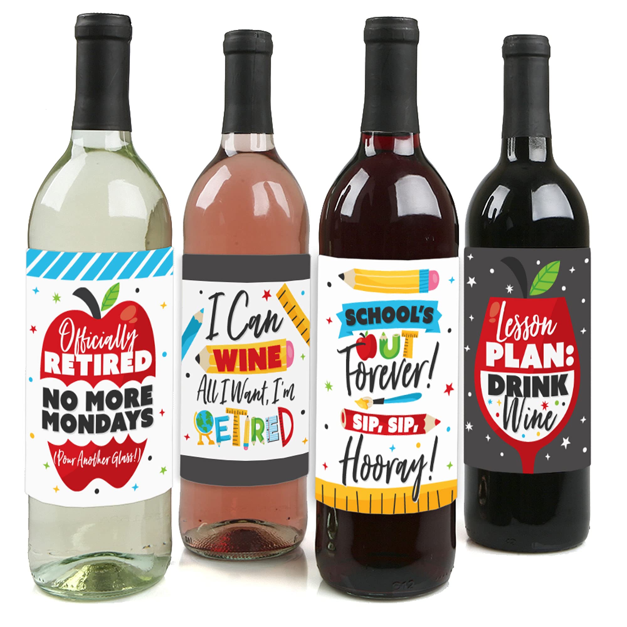 Happy Retirement Party Decorations Set - 4 Wine Bottle Label Stickers for Teachers | Big Dot of Happiness | Retirement Gifts for Women & Men | Perfect for Farewell Parties & Celebrations