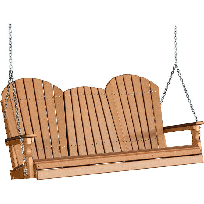 LuxCraft 5ft Cedar Adirondack Porch Swing with Cup Holder - Eco-Friendly Recycled Plastic Outdoor Furniture for Patio, Garden, and Backyard Relaxation
