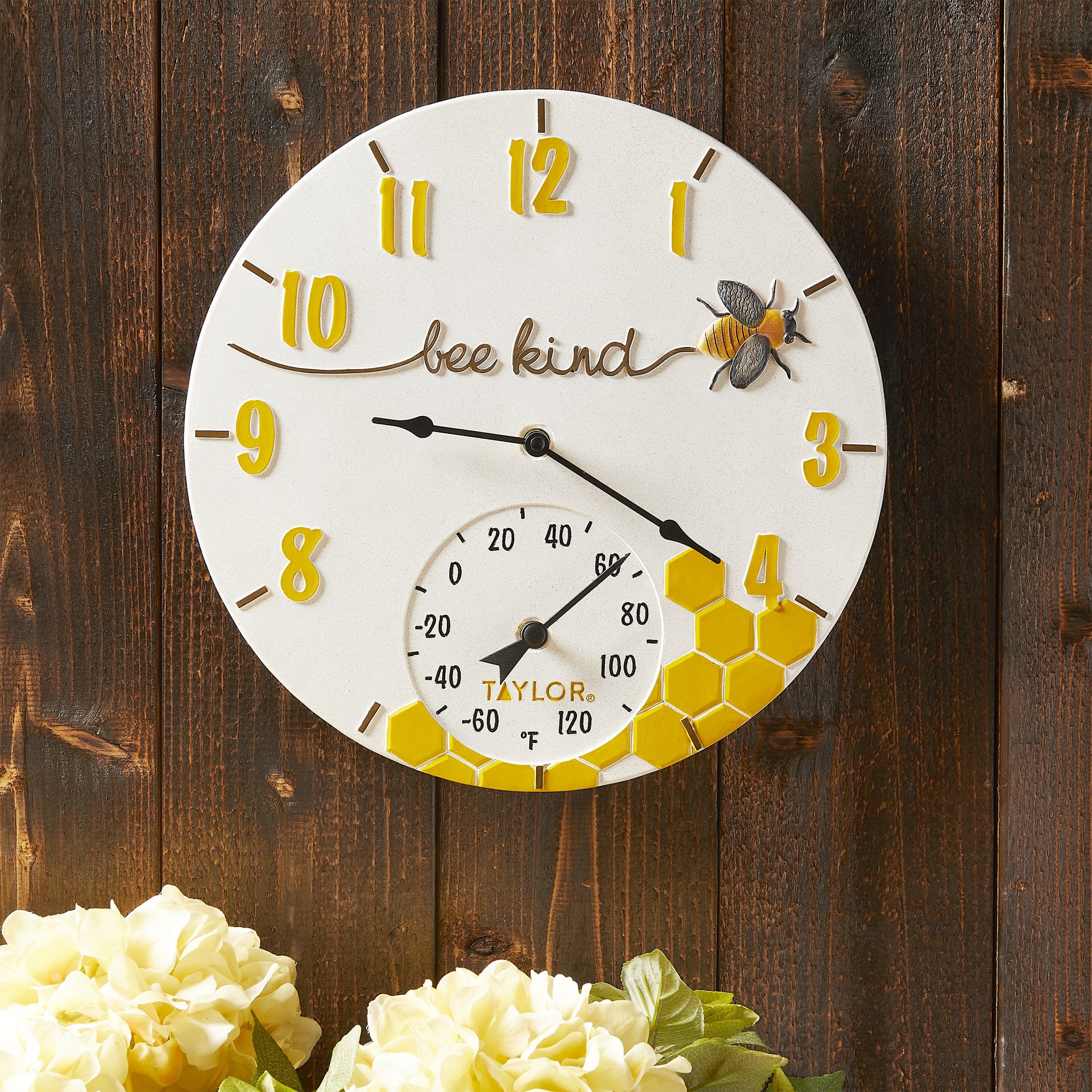 14 Inch Bee Kind Poly Resin Wall Clock with Thermometer - Perfect for Kitchen, Living Room, and Garden Decor