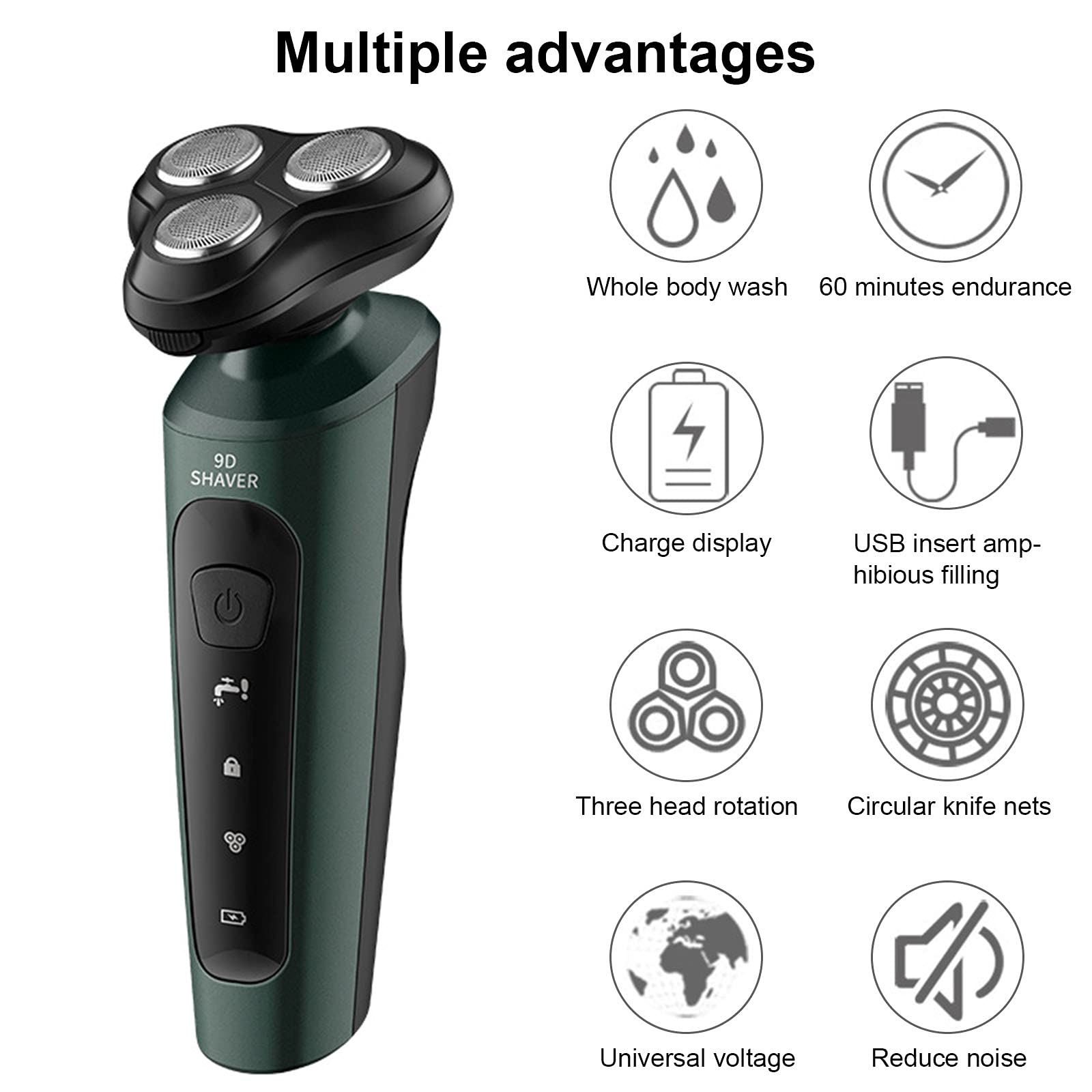 9D Electric Razor for Men - Rechargeable Wet/Dry Shaver with 3 Floating Heads, LED Display & Fully Washable - Beard Trimmer & Hair Clipper for Home, Travel & Gym Use