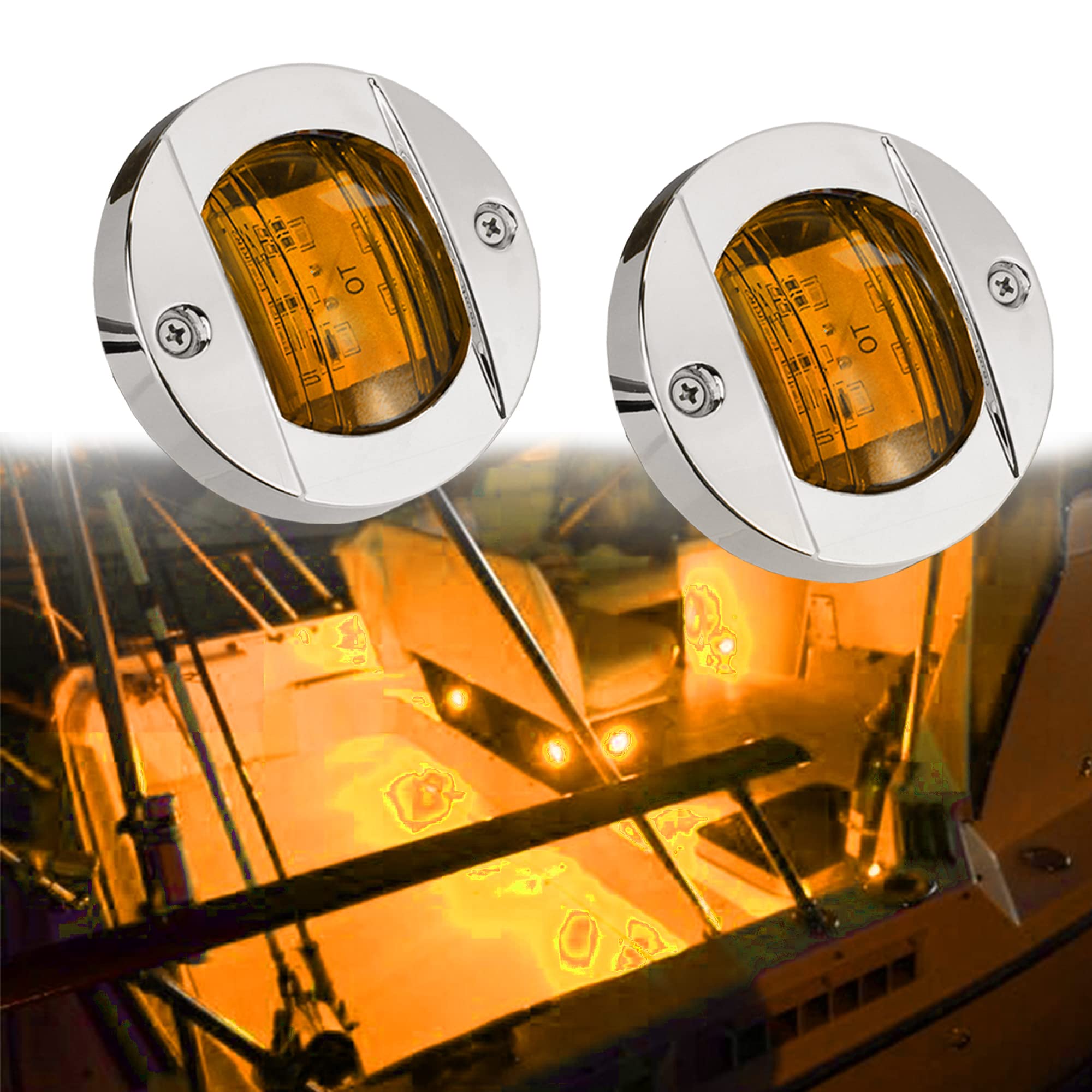 2PC 12V Waterproof LED Boat Navigation Lights - 3in Amber Round Marine Deck & Transom Mount Lights for Boats, Yachts, Kayaks - Perfect for Night Cruising, Fishing & Water Safety
