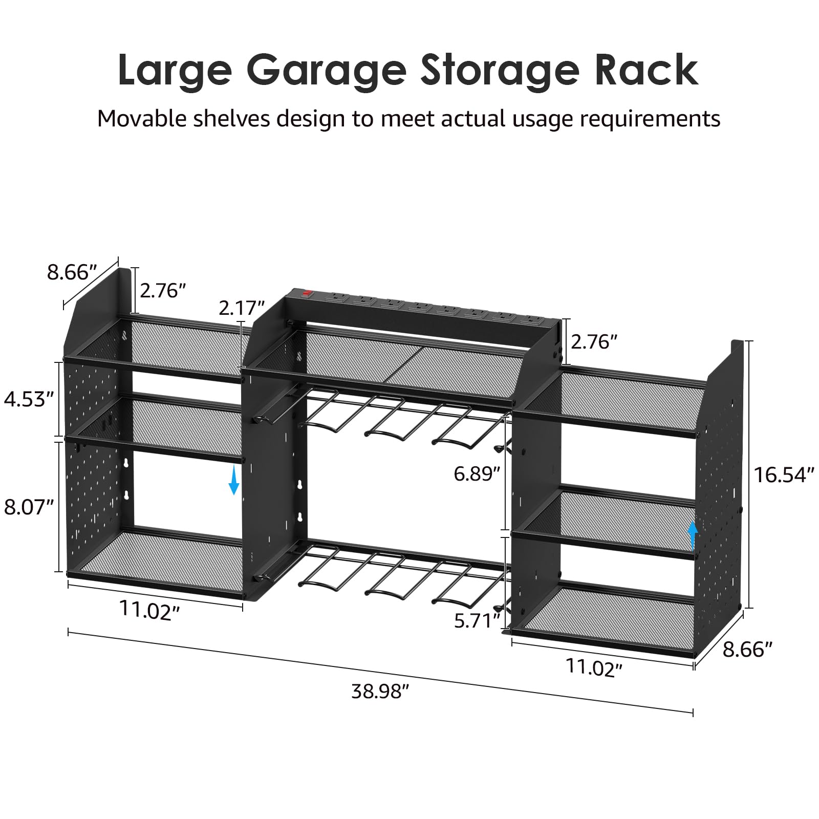 CCCEI 39-Inch Large Black Wall-Mounted Power Tool Organizer with 10FT Power Strip - 8 Drill Battery Holder & Garage Storage Rack for Pegboard Hanging - Perfect for Workshop, Garage, and DIY Tool Organization