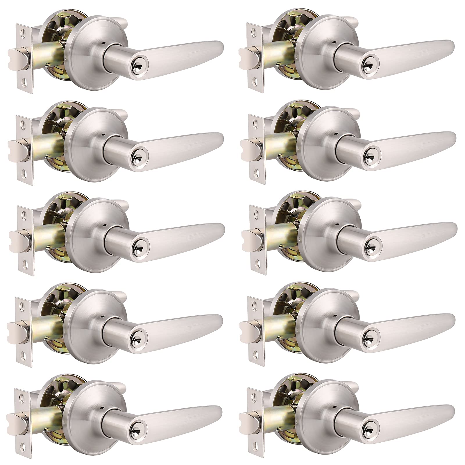 DECORITEN 10-Pack Brushed Nickel Exterior Door Lever Lock Set - All Keyed Alike, Straight Shape for Home Security | Perfect for Front Doors, Back Doors & Rental Properties