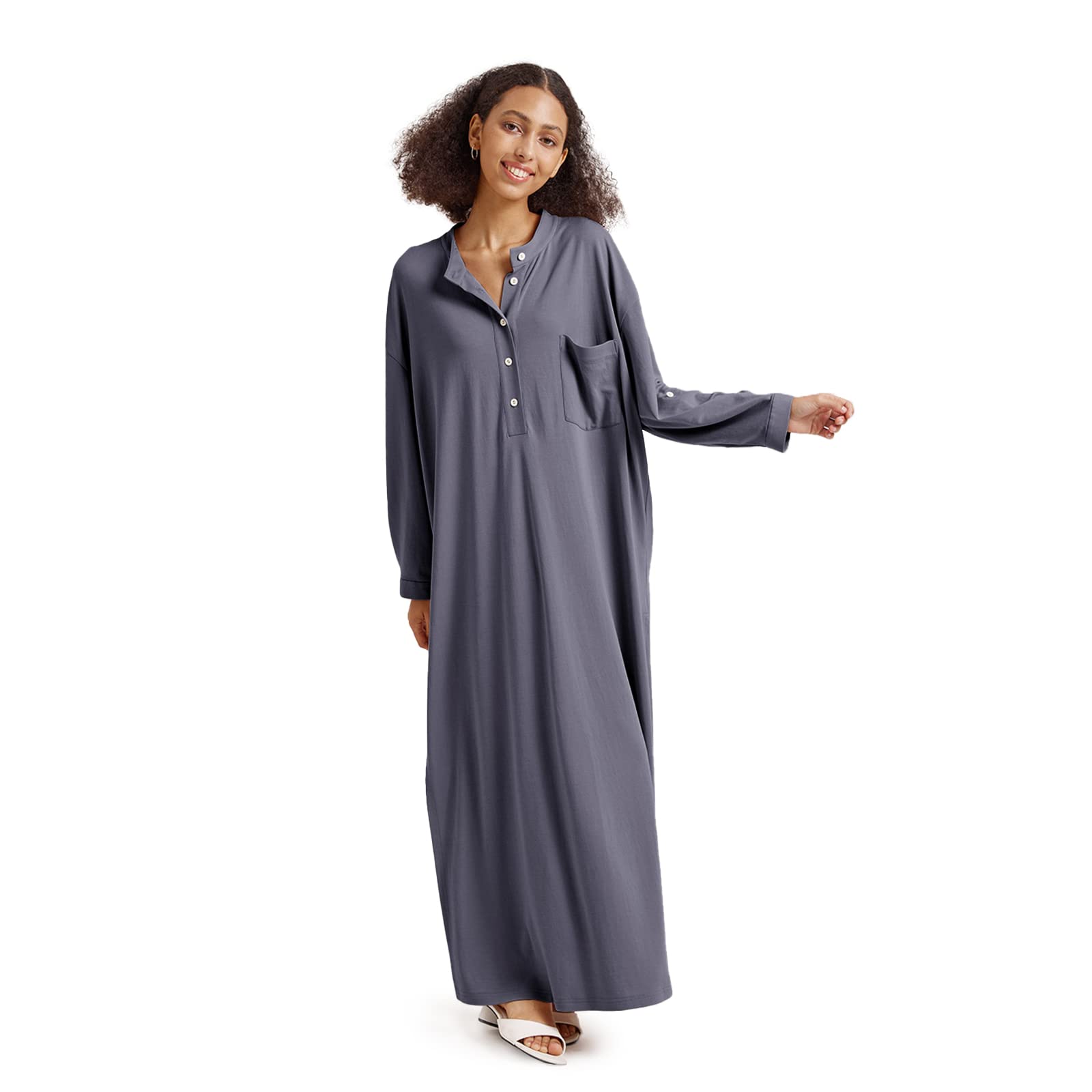 NapLoungewear Women's Summer Casual Loose Maxi Dress - Long Sleeve Button Down V-Neck Shirt Dress for Beach, Vacation & Everyday Wear