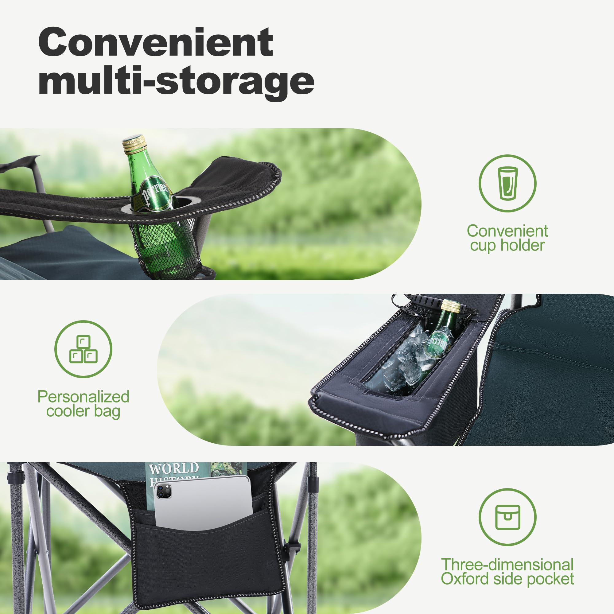 Oversized Folding Camping Chair Heavy Duty 450LBS Capacity - Portable Outdoor Padded Lawn Chair with Cup Holder, Storage Pocket & Cooler Bag - 2 Pack Green - Perfect for Camping, Travel, Picnics, Beach, Backyard & Outdoor Events