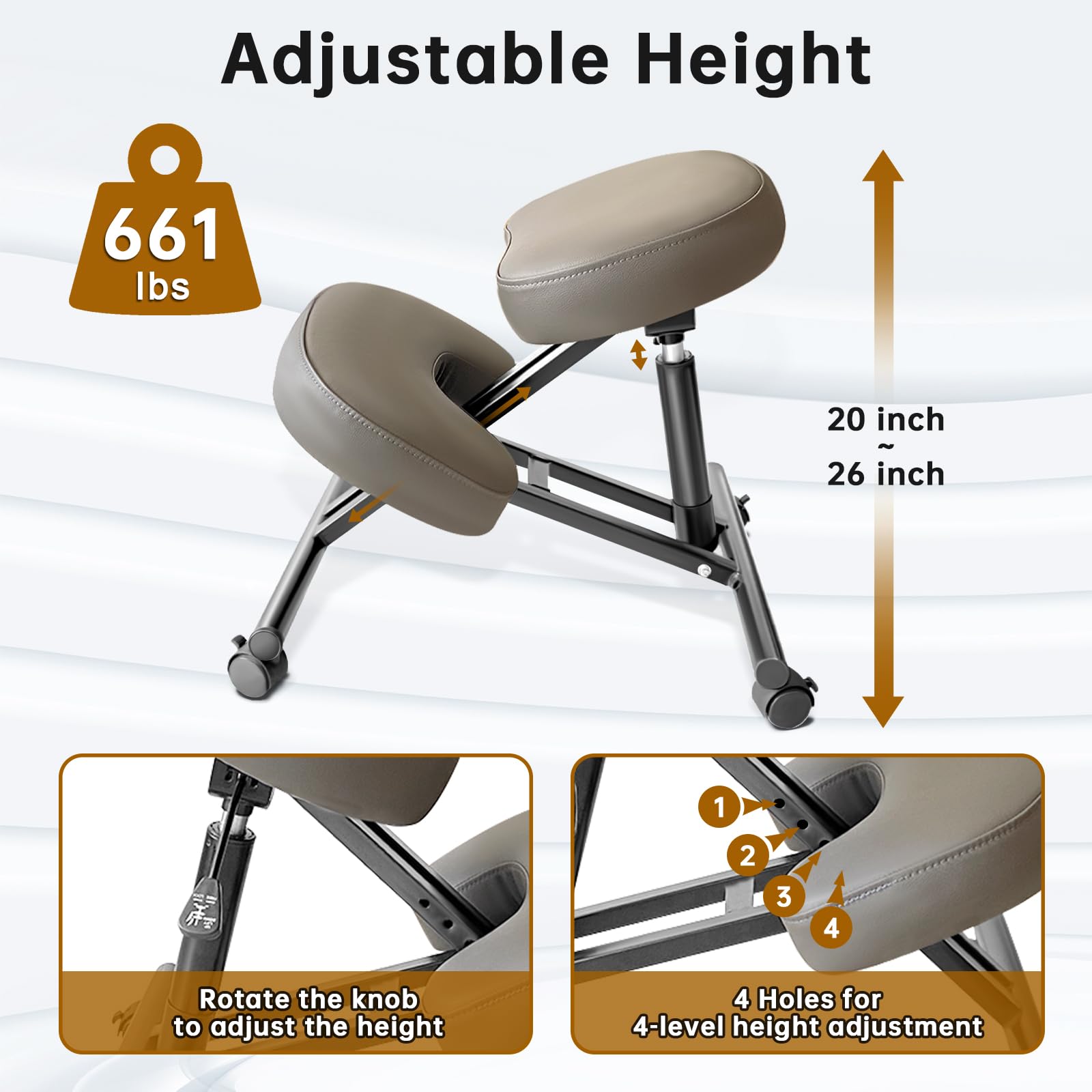 PU Leather Ergonomic Kneeling Office Chair - Adjustable Home & Office Stool with Thick Pads & Lockable Wheels for Back Pain Relief (Brown) | Perfect for Home Office, Meditation & Posture Correction
