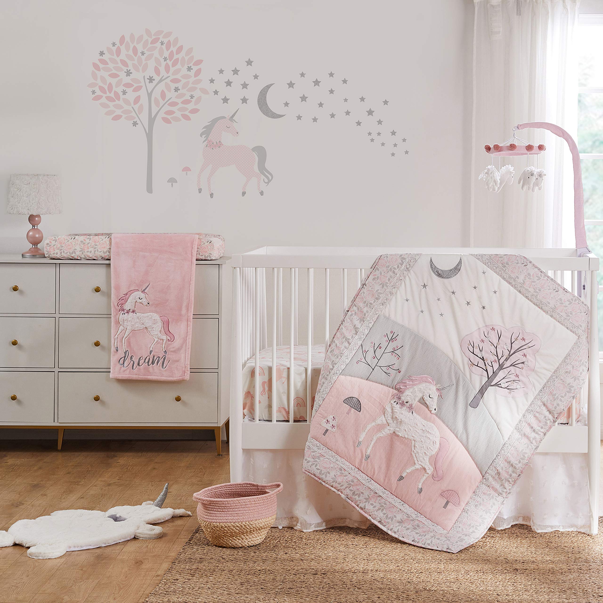 Levtex Baby Colette 5-Piece Crib Bedding Set - Grey Pink White Unicorn Nursery Collection with Quilt, Fitted Sheets, Wall Decal & Dust Ruffle | Perfect for Baby Girl's Room Decor & Newborn Gift