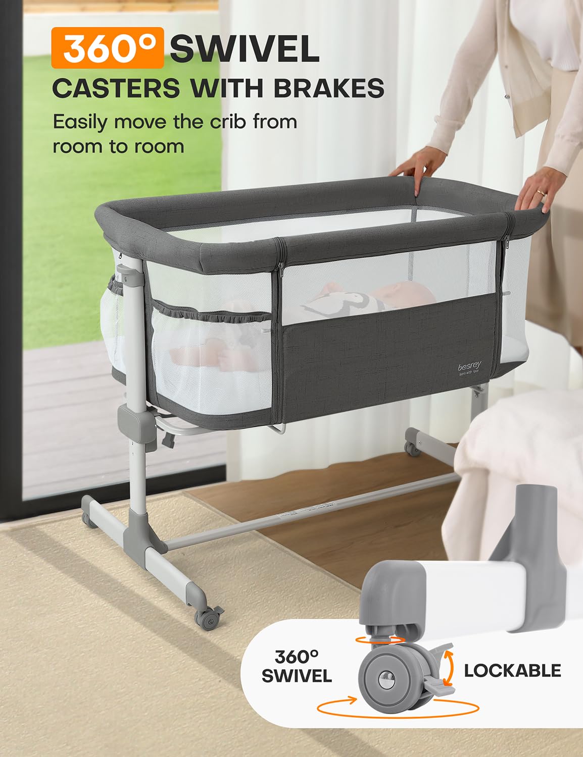 Besrey Baby Bassinet Bedside Sleeper - Breathable Mesh Crib for Newborns with Adjustable Height & 360° Wheels | Portable Infant Bed with Storage Pockets | Perfect for Nursery, Bedroom & Travel