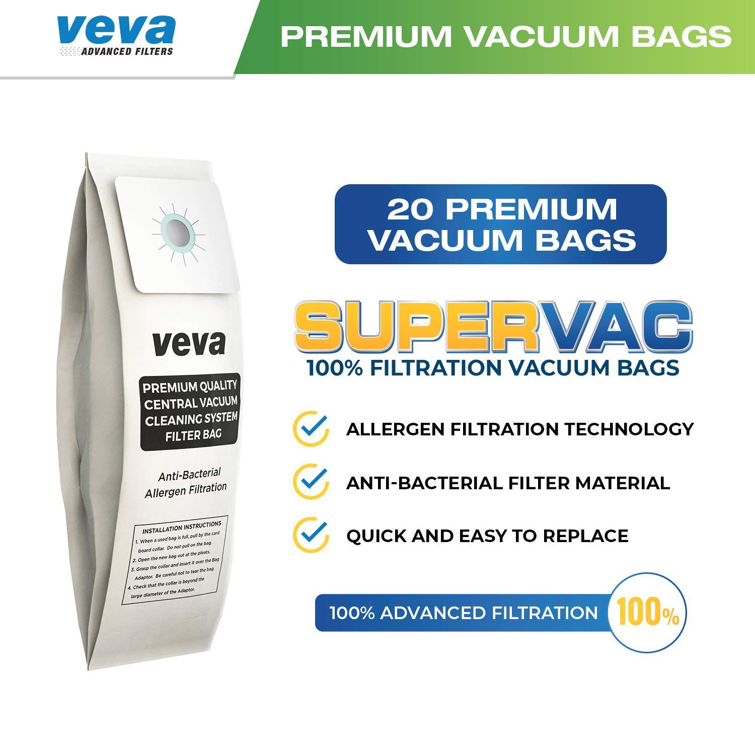20 Pack VEVA Premium SuperVac Vacuum Gallon Bags - Compatible with Nutone 391, CV350, CV352, CV353, CV450, CV653, CV750 Central Vacuum Cleaners | Durable Replacement Bags for Home & Office Cleaning