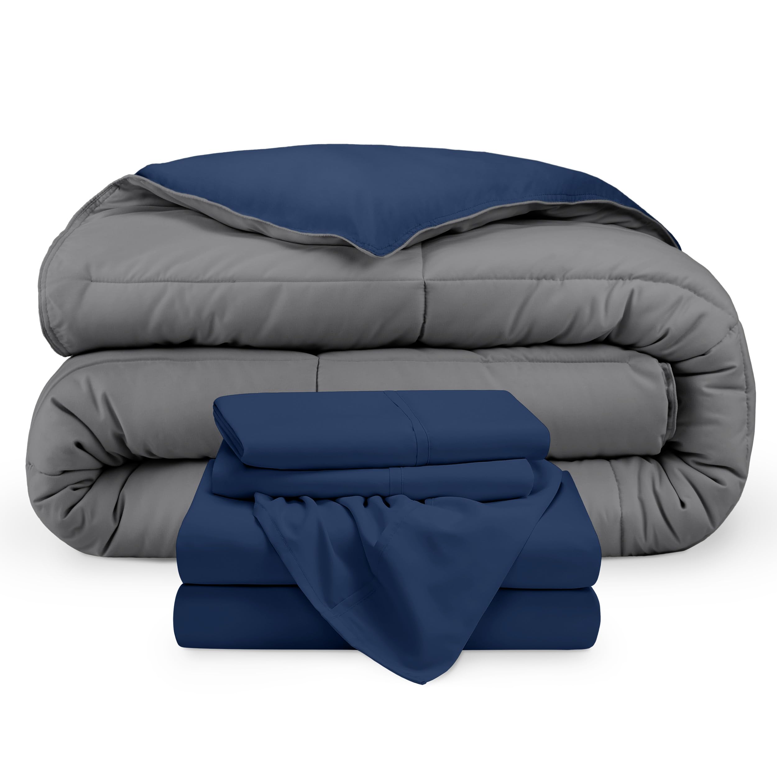 Bare Home Reversible Down Alternative Comforter & Sheet Set - Full XL Bed in a Bag - Ultra Soft Bedding Set (Dark Blue/Grey) - Perfect for Guest Rooms, Dorms & Cozy Bedrooms