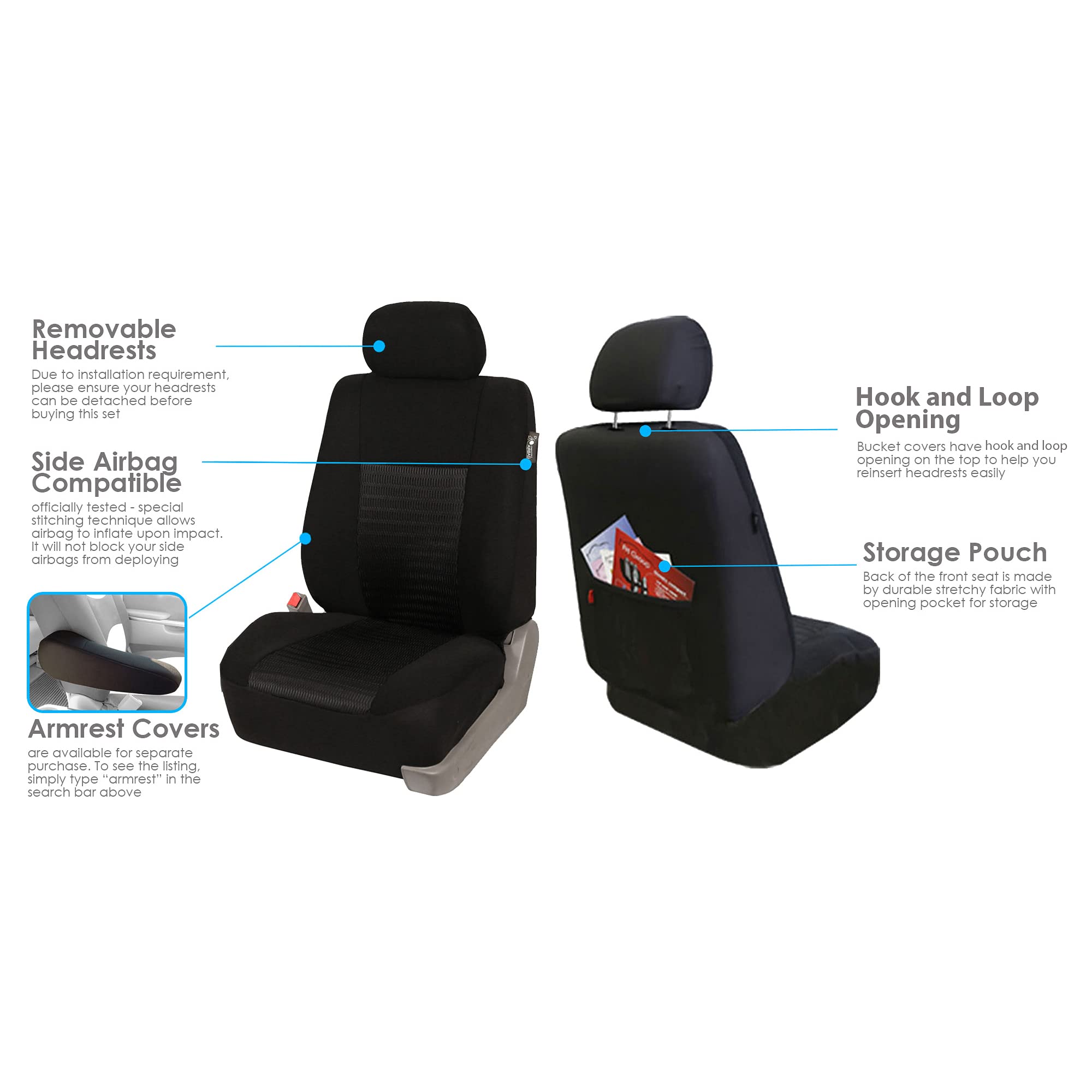 FH Group Trendy Elegance Front Set Car Seat Covers - Universal Fit Airbag Compatible Black Seat Protectors for Cars, Trucks & SUVs | Perfect for Daily Commute, Road Trips & Family Travel