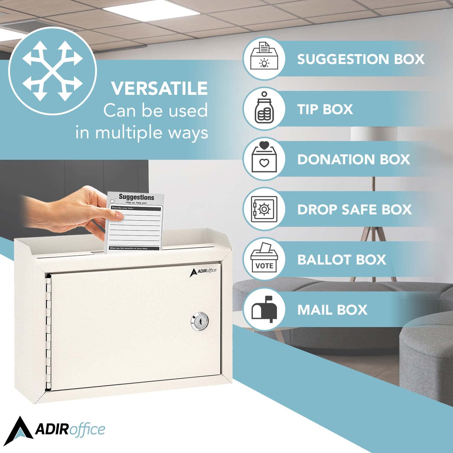 Adir Corp. Wall Mountable Steel Suggestion Box with Lock - Heavy Duty Key Lock Security Box for Donations, Collections, Ballots & Documents (9.75x7x3 Inches, White) - Ideal for Offices, Schools, Retail Stores & Public Spaces