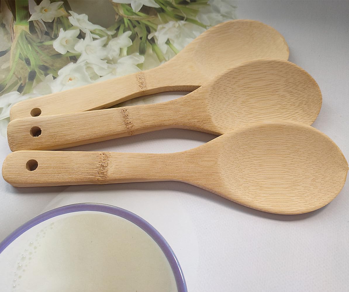 9 Inch Bamboo Rice Scoops & Wooden Non-Stick Rice Paddles - 3 Pack Large Wooden Serving Spoons for Cooking, Stirring Soup, Sushi Making - Perfect for Asian Cuisine, Salad Serving & Kitchen Utensil Set