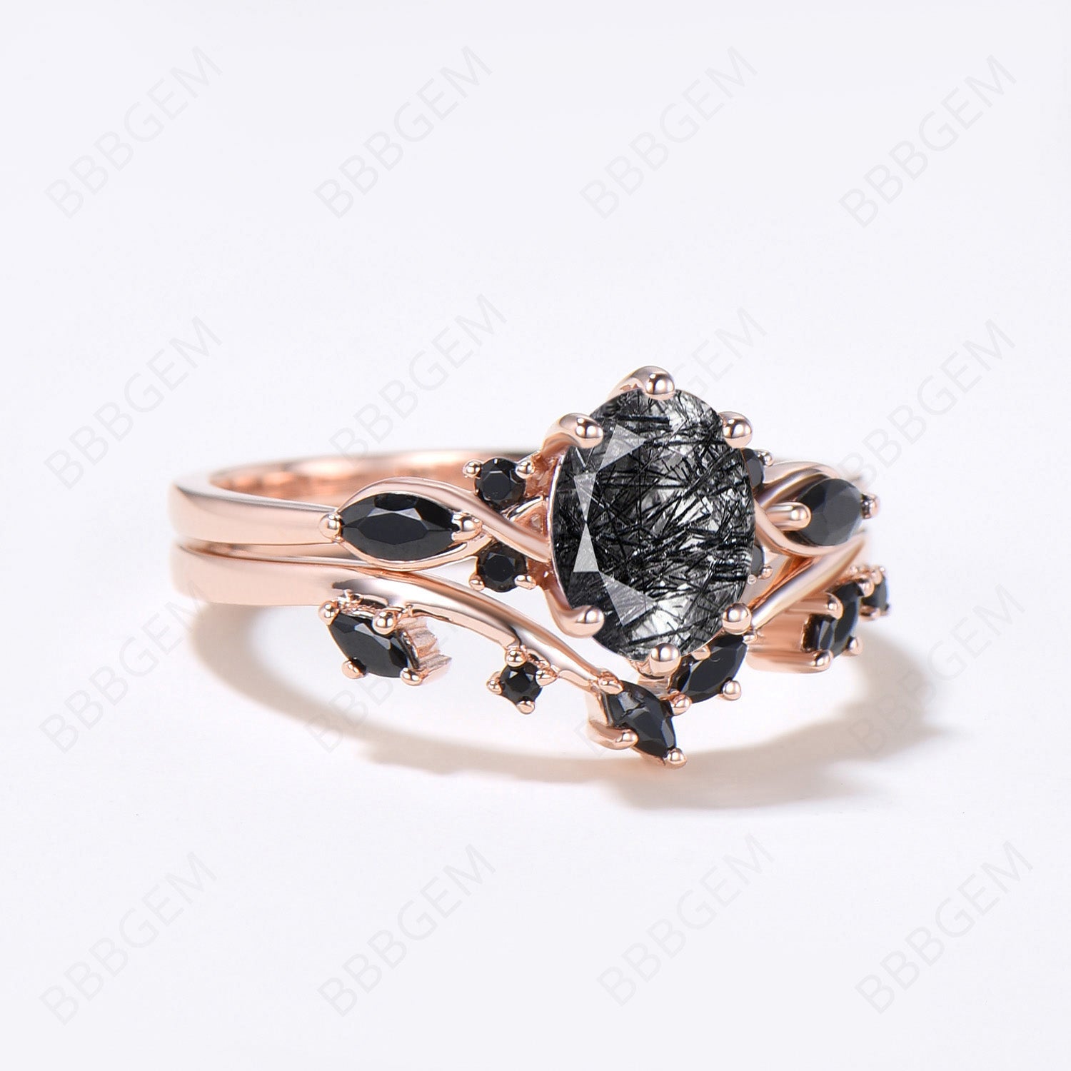 Rose Gold Oval Black Rutilated Quartz Engagement Ring Set - Elegant Wedding Band for Women, Unique Gemstone Jewelry Gift for Her - Perfect for Proposals, Anniversaries & Special Occasions