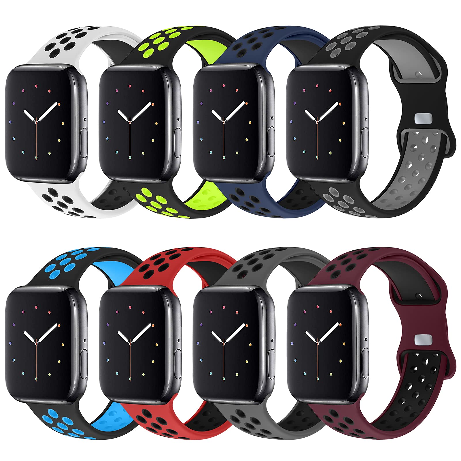 NOY 8 Pack Sport Bands for Apple Watch 42mm 44mm 45mm 46mm 49mm - Breathable Soft Silicone Replacement Straps Compatible with iWatch Series 10/9/8/7/6/5/4/3/2/1/SE/Ultra - Perfect for Running, Gym Workouts & Daily Wear