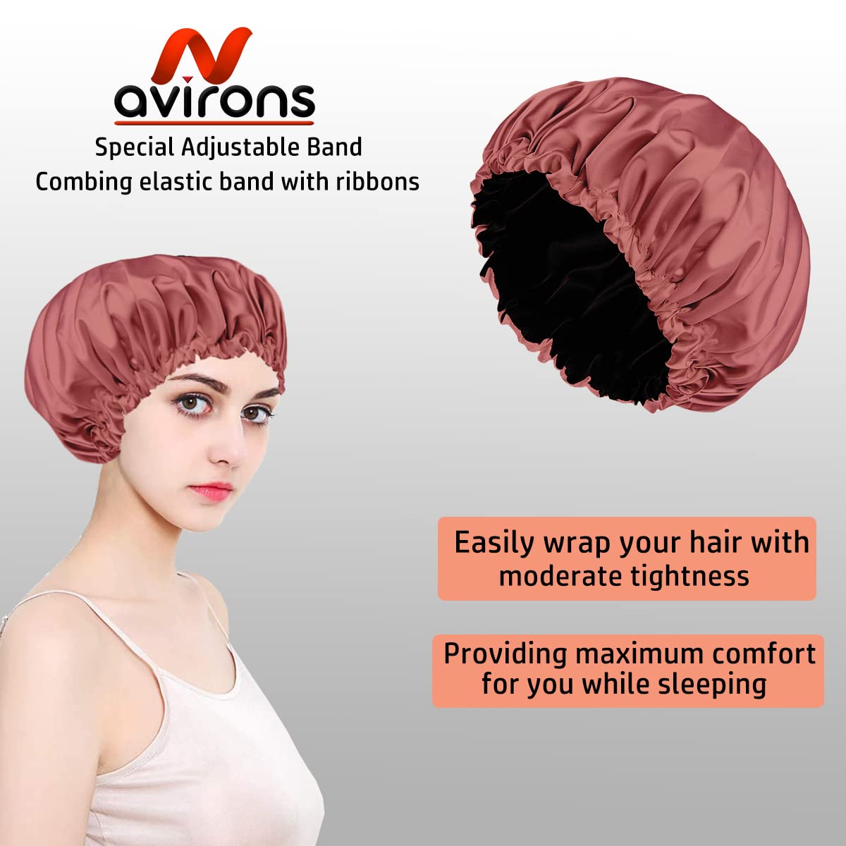 Avirons Adjustable Satin Silk Hair Bonnet for Sleeping - 3 Scrunchies Included | Soft Satin Hair Wrap Cap for Curly & Natural Hair | Pure Satin Hair Protection for Nighttime & Travel Use