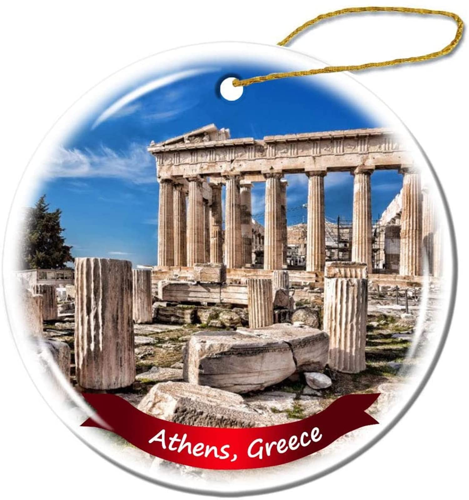 Athens Greece Christmas Ornament - 3 Inch Double-Sided Porcelain Ceramic Holiday Decoration for Tree, Gift & Home Decor | Fhdang Decor